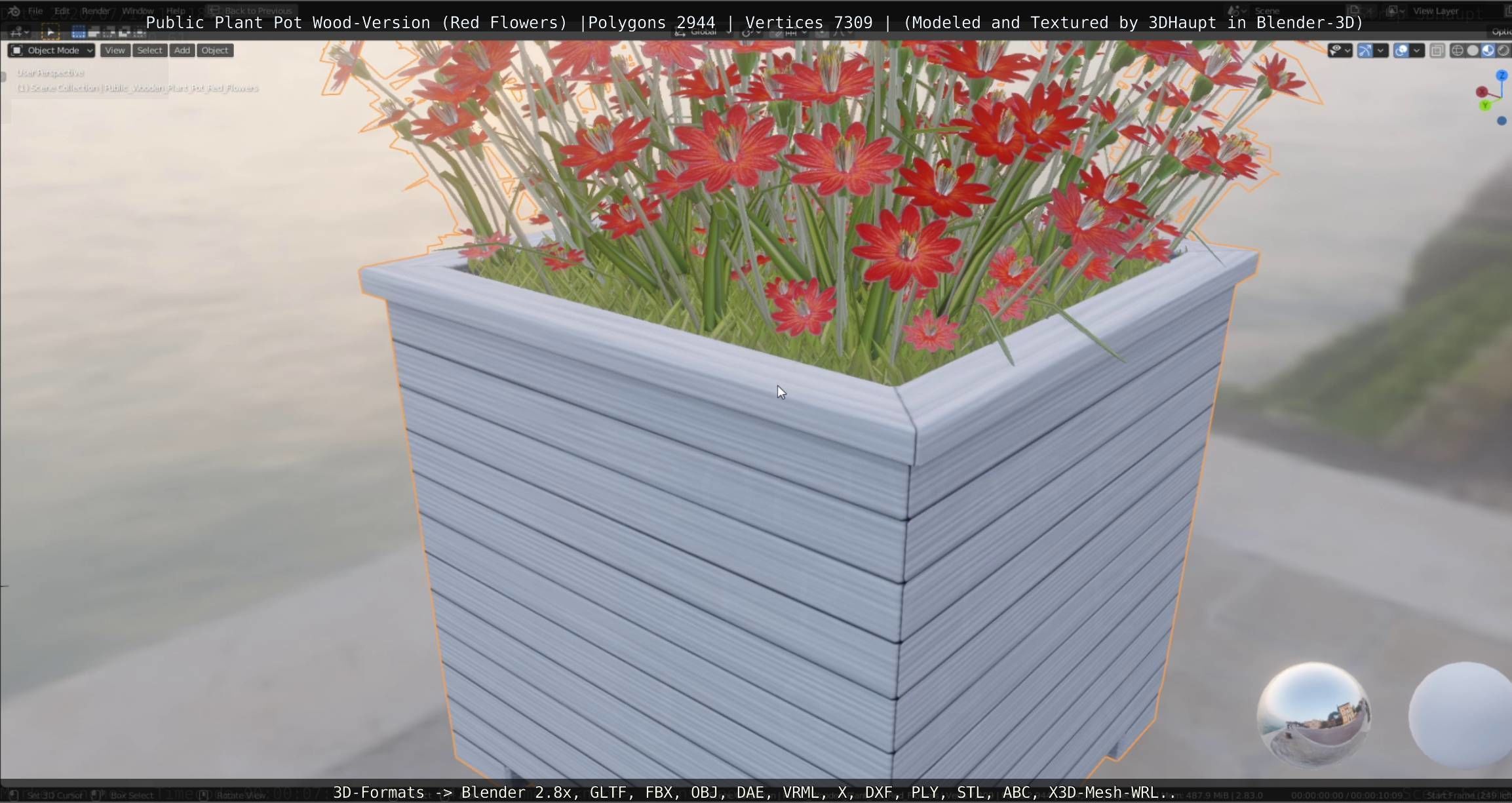 Public Plant Pot Wood-Version with Red Flowers Low-poly 3D model_33