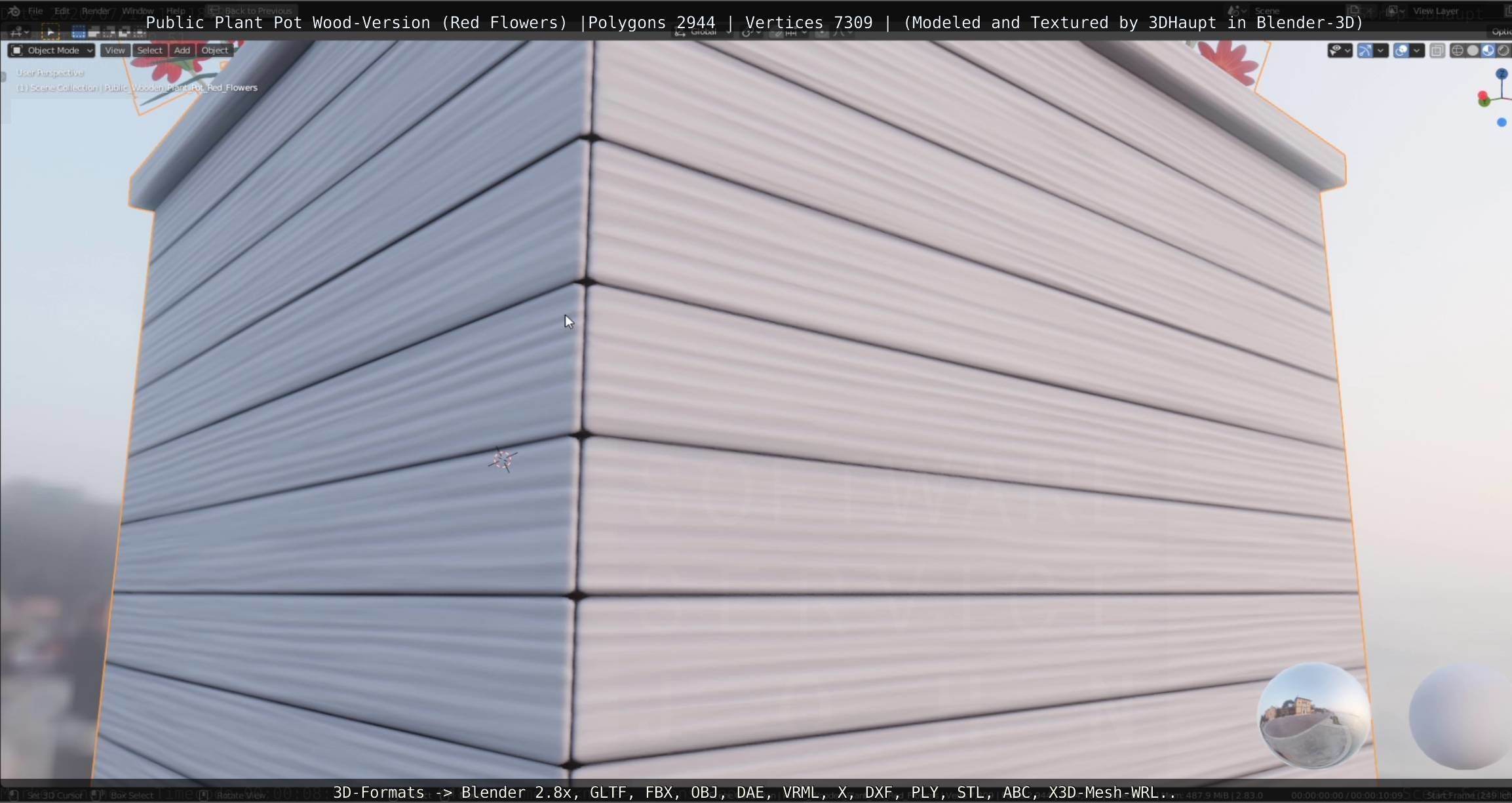 Public Plant Pot Wood-Version with Red Flowers Low-poly 3D model_37