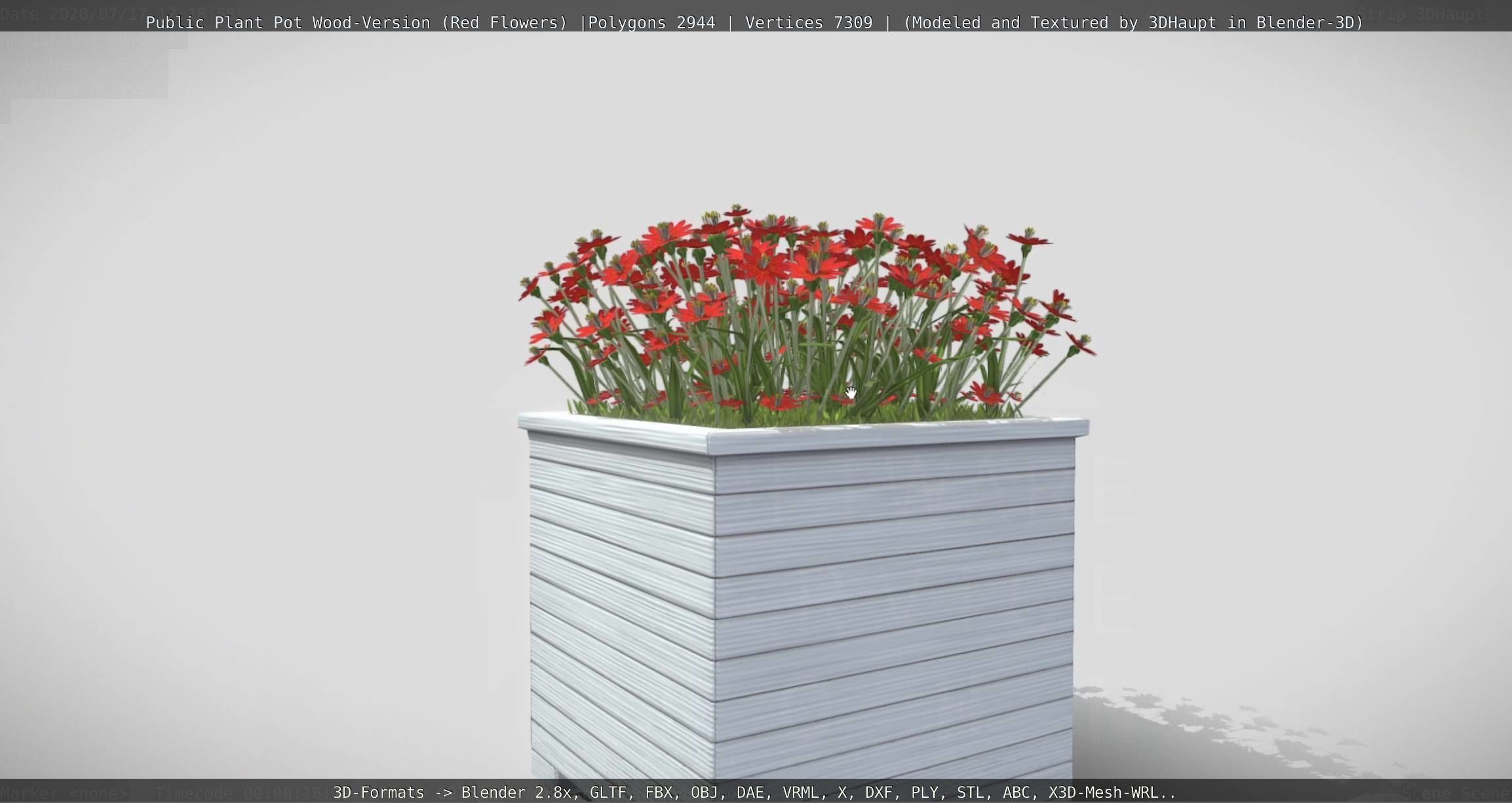 Public Plant Pot Wood-Version with Red Flowers Low-poly 3D model_75
