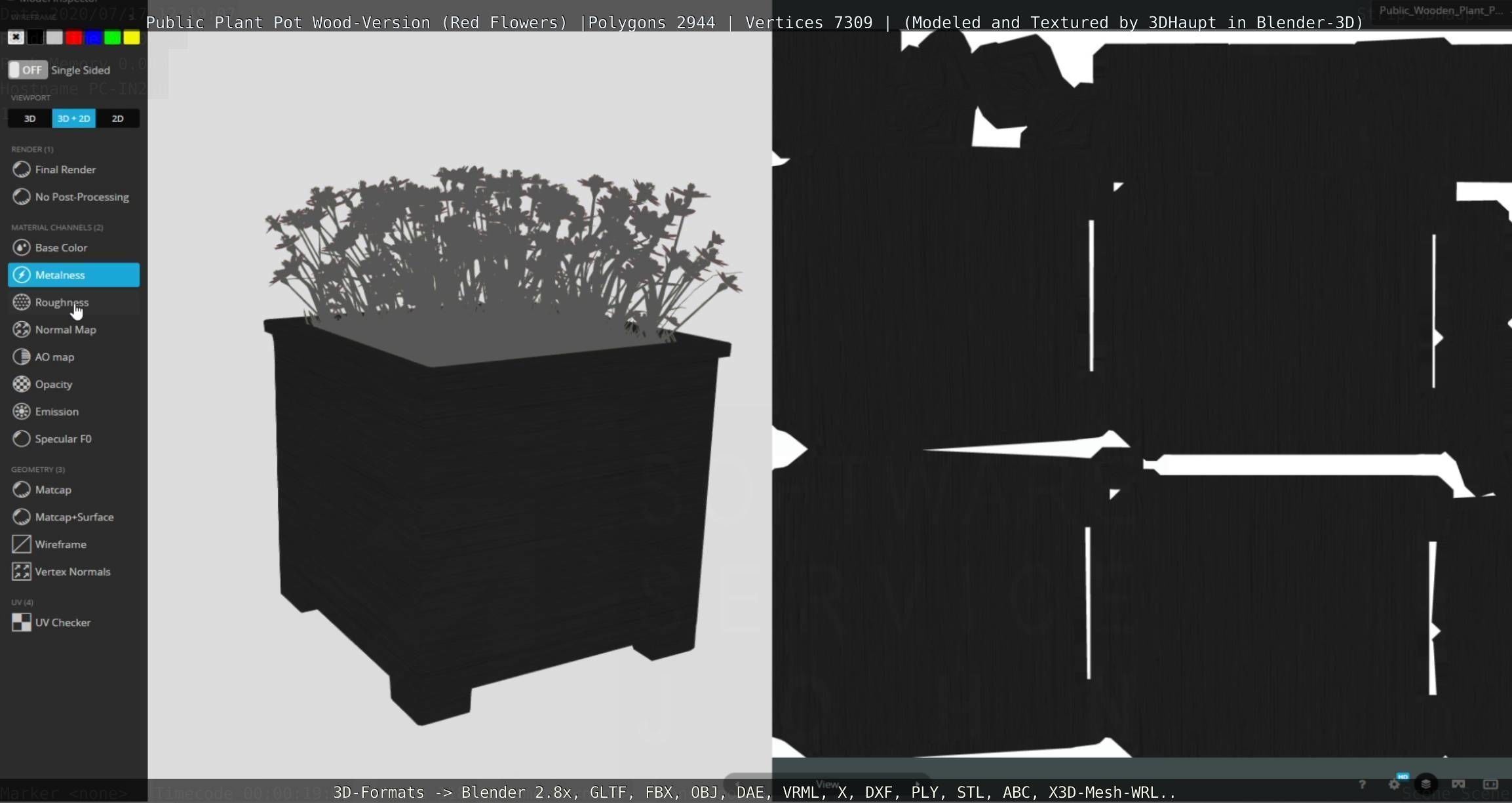 Public Plant Pot Wood-Version with Red Flowers Low-poly 3D model_91