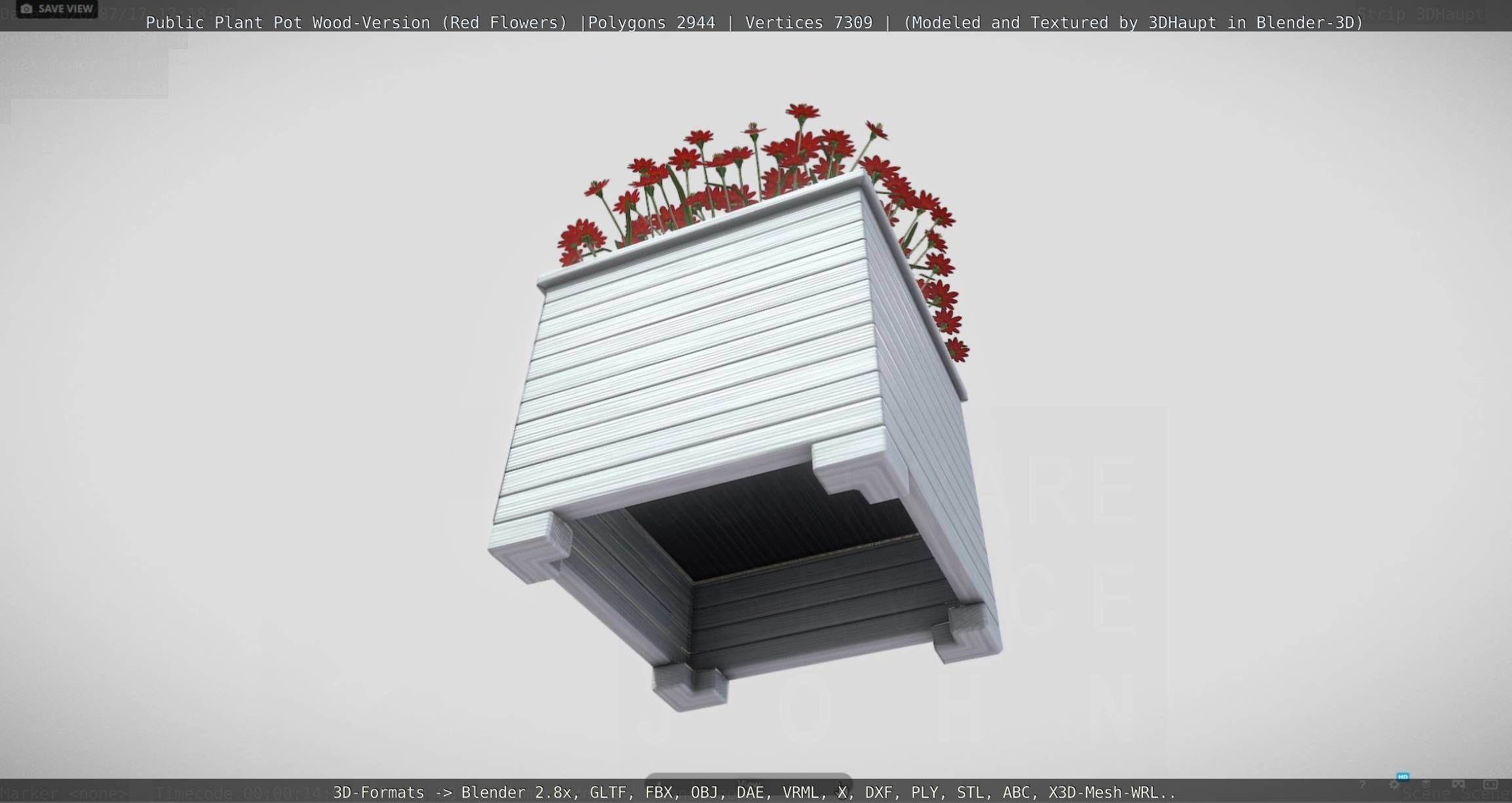 Public Plant Pot Wood-Version with Red Flowers Low-poly 3D model_65