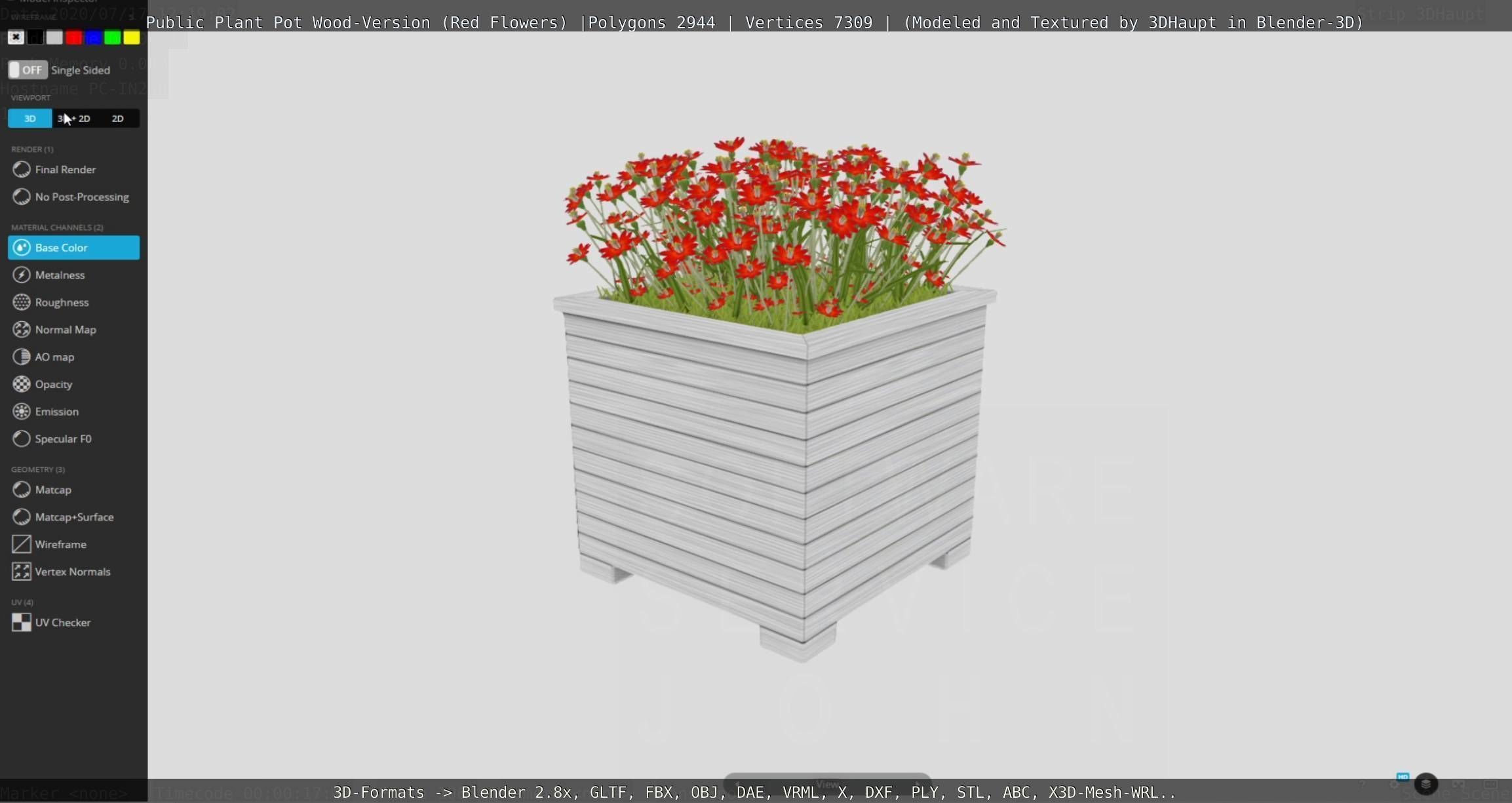 Public Plant Pot Wood-Version with Red Flowers Low-poly 3D model_82