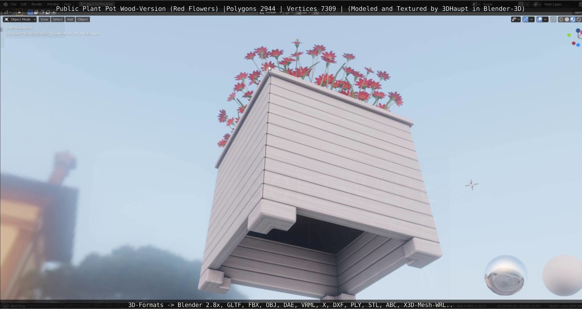 Public Plant Pot Wood-Version with Red Flowers Low-poly 3D model_10