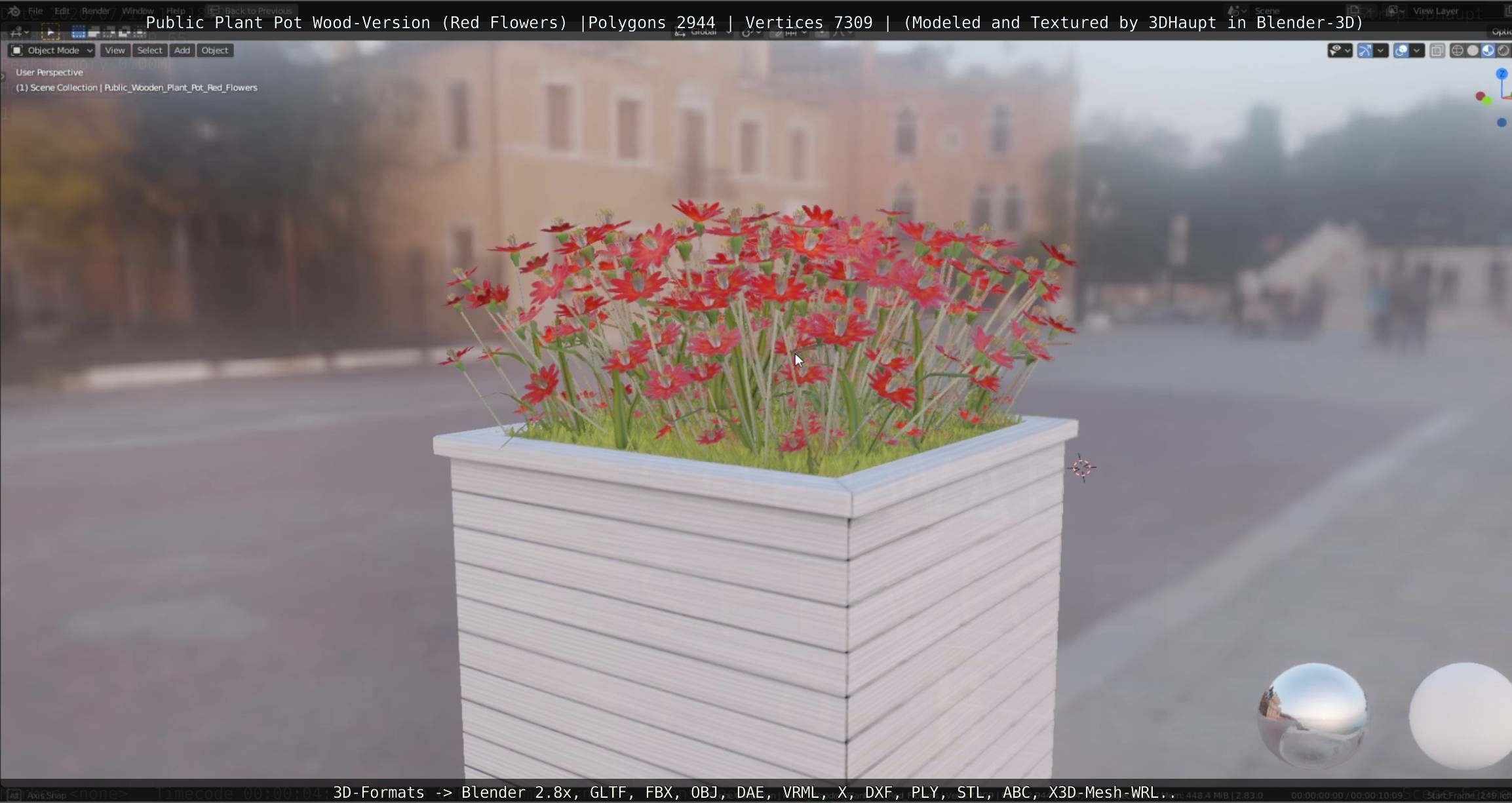 Public Plant Pot Wood-Version with Red Flowers Low-poly 3D model_20