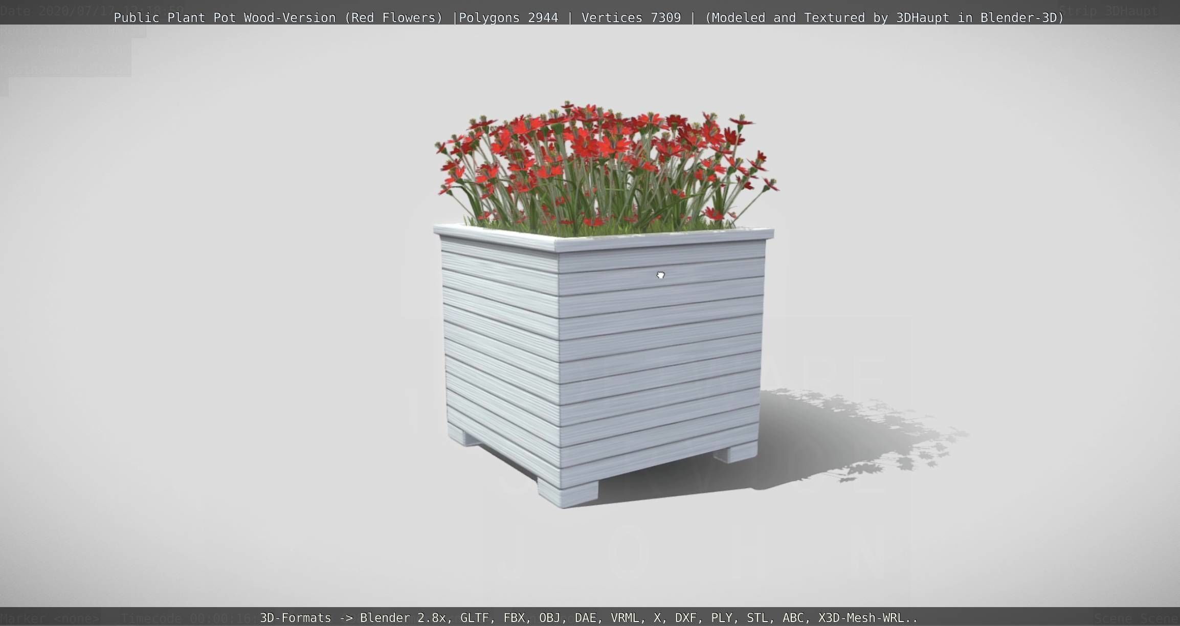Public Plant Pot Wood-Version with Red Flowers Low-poly 3D model_76