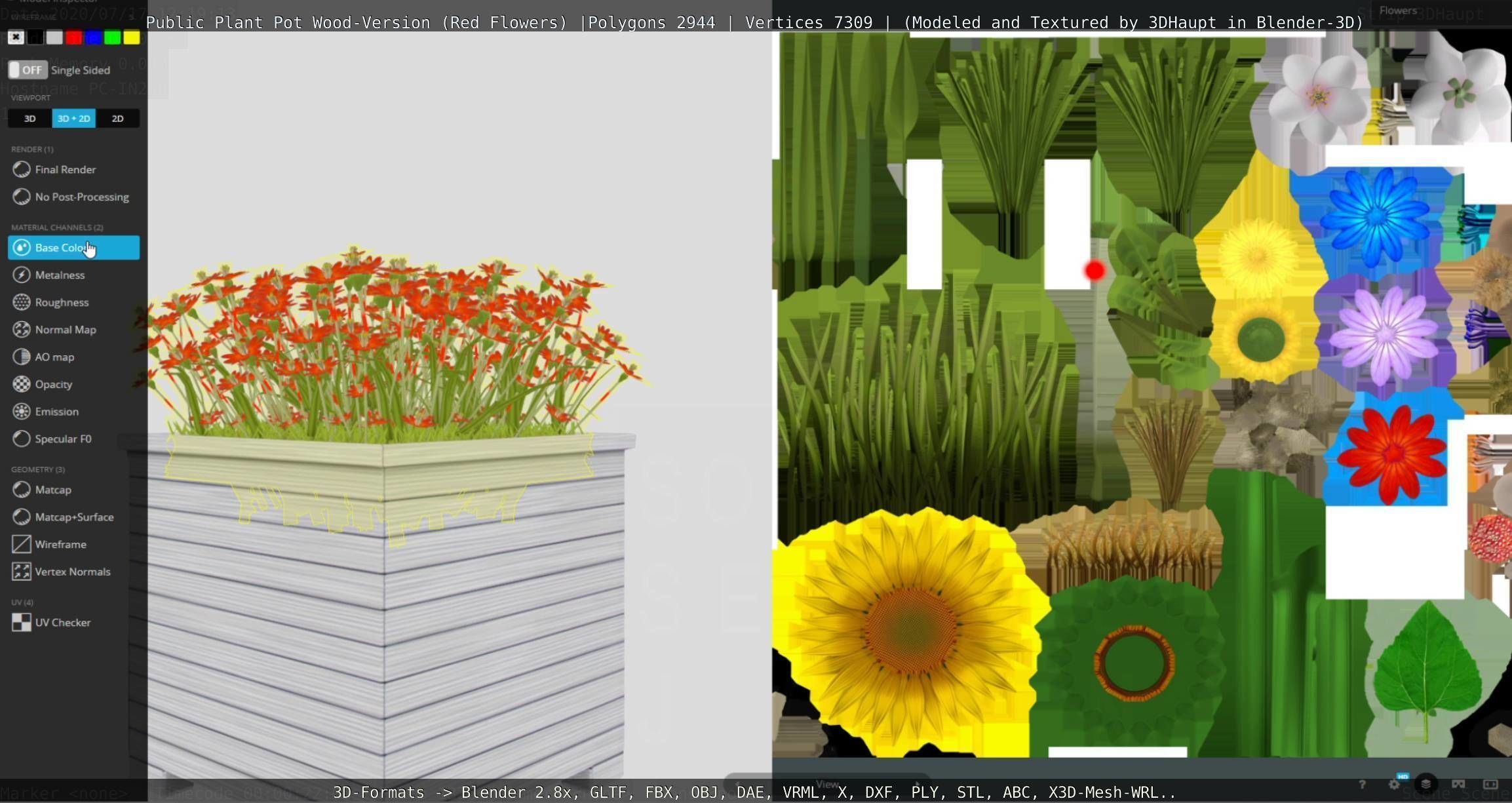 Public Plant Pot Wood-Version with Red Flowers Low-poly 3D model_102