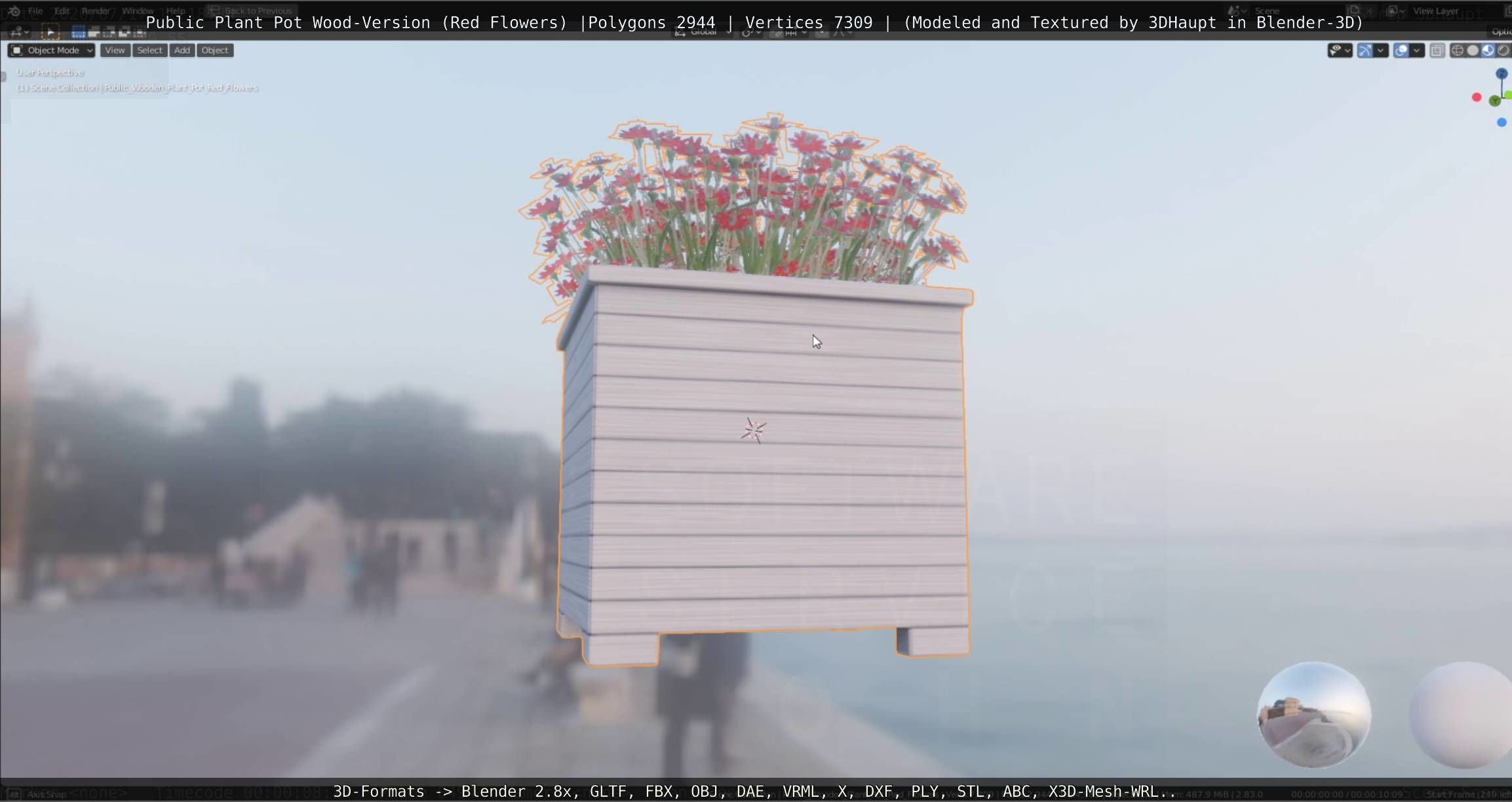 Public Plant Pot Wood-Version with Red Flowers Low-poly 3D model_38