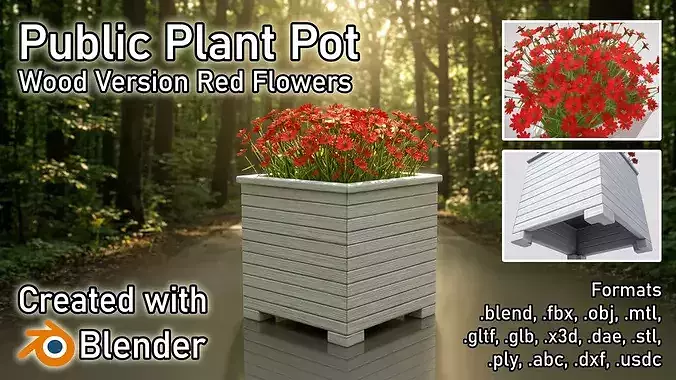 Public Plant Pot Wood-Version with Red Flowers
