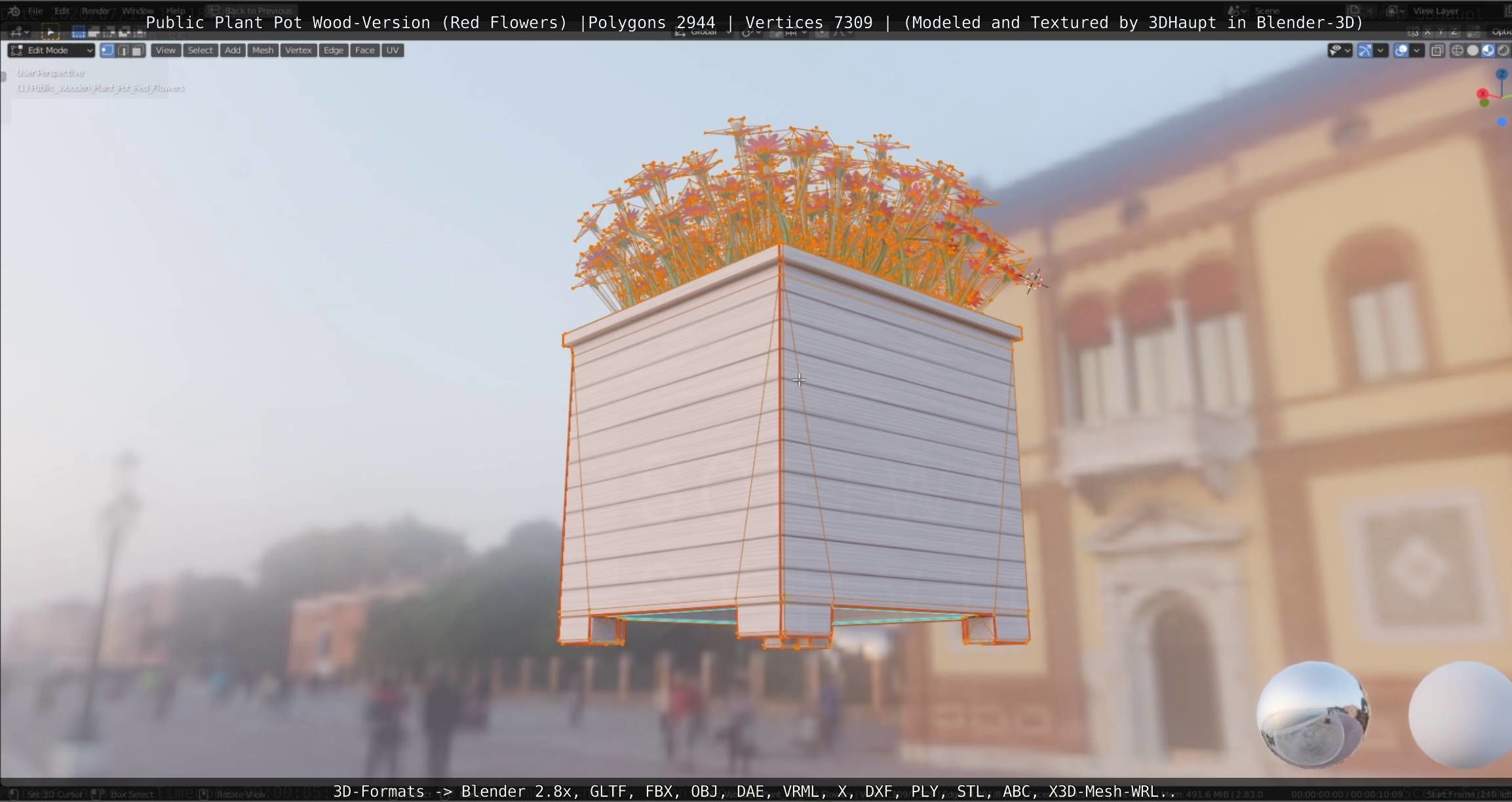 Public Plant Pot Wood-Version with Red Flowers Low-poly 3D model_24