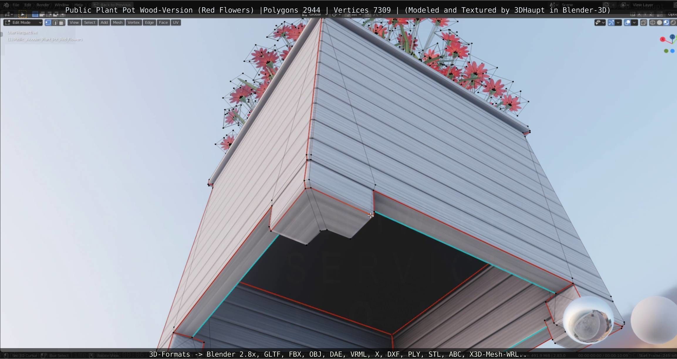 Public Plant Pot Wood-Version with Red Flowers Low-poly 3D model_28