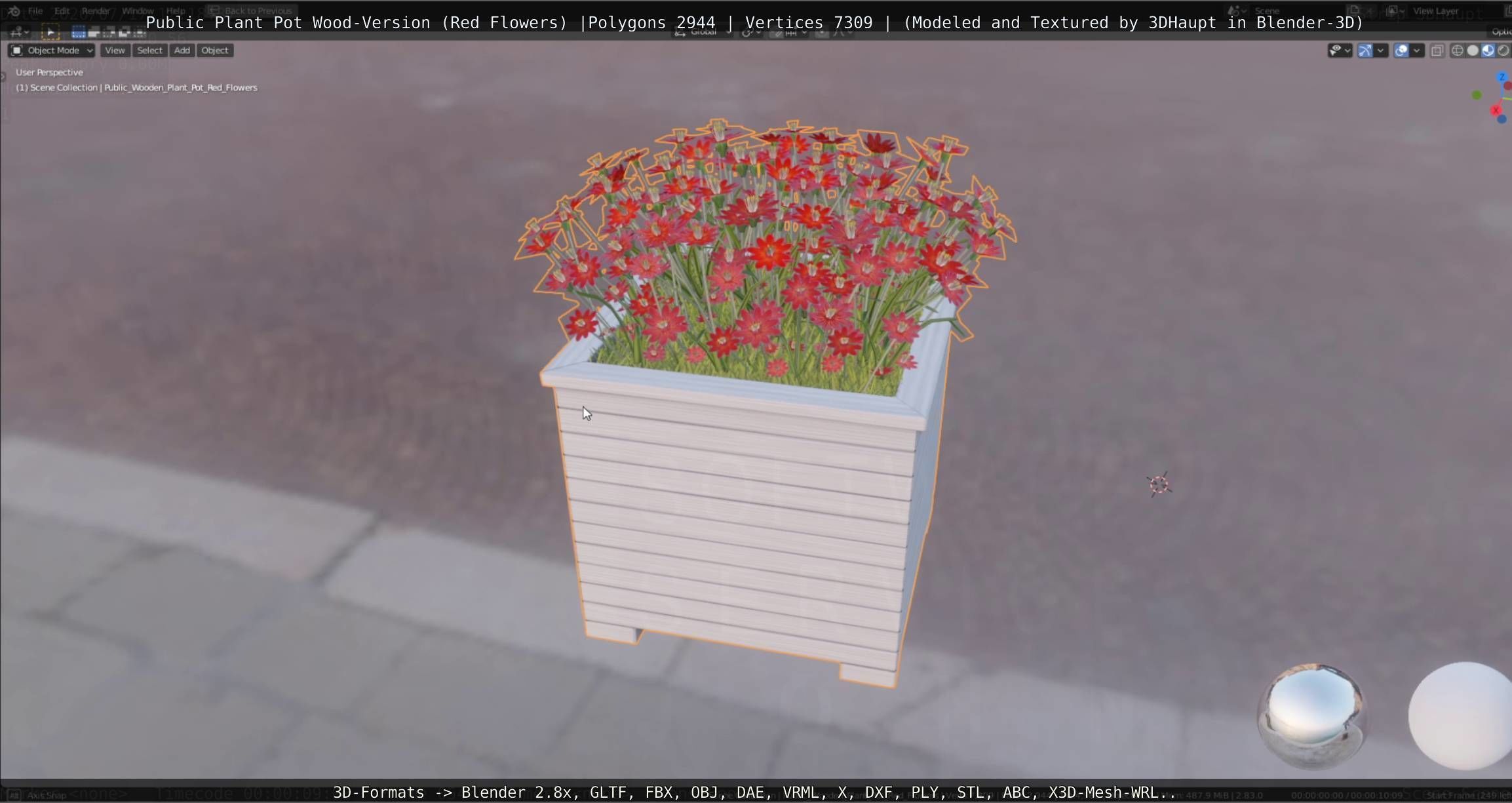 Public Plant Pot Wood-Version with Red Flowers Low-poly 3D model_42