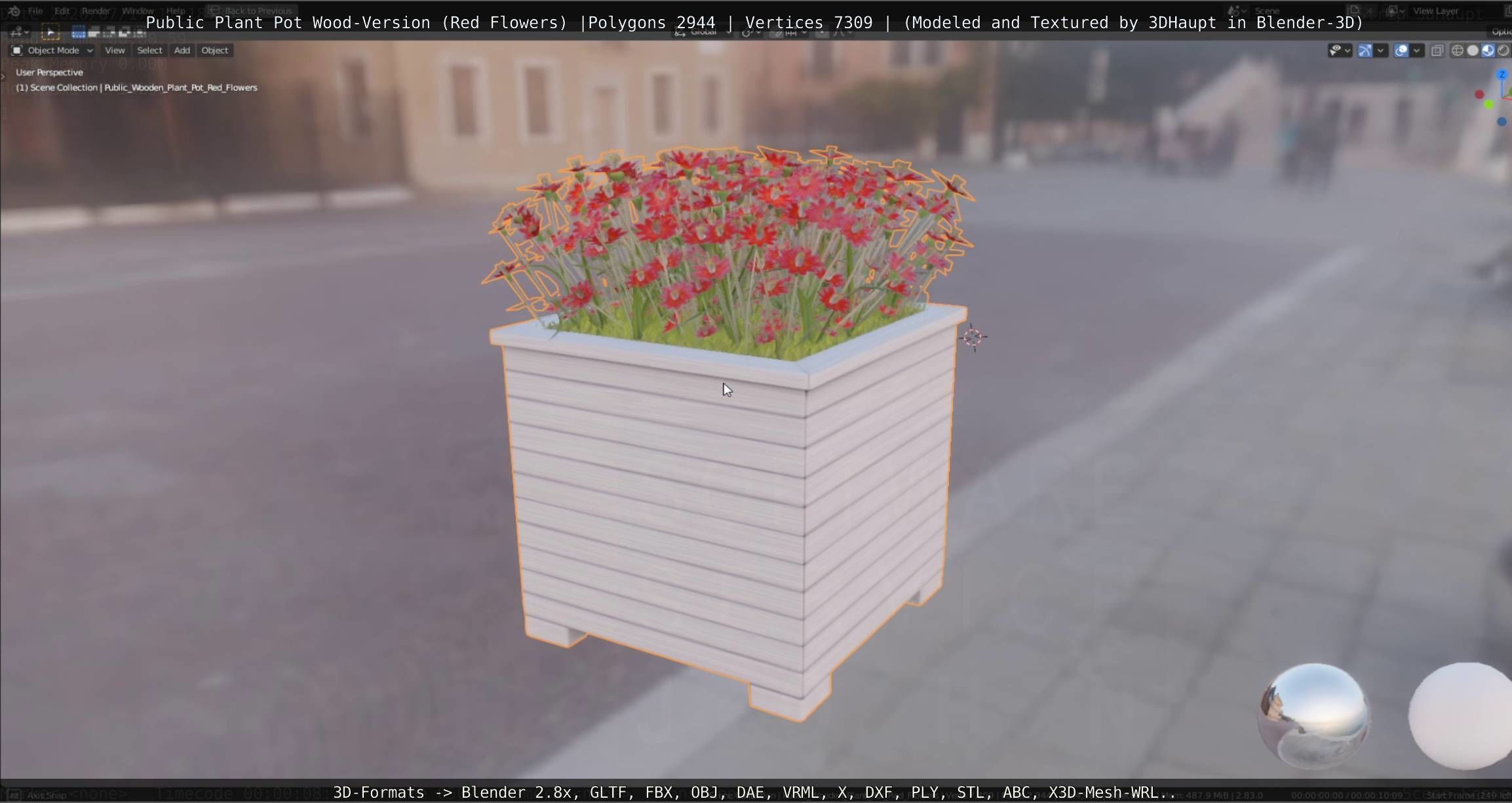 Public Plant Pot Wood-Version with Red Flowers Low-poly 3D model_39