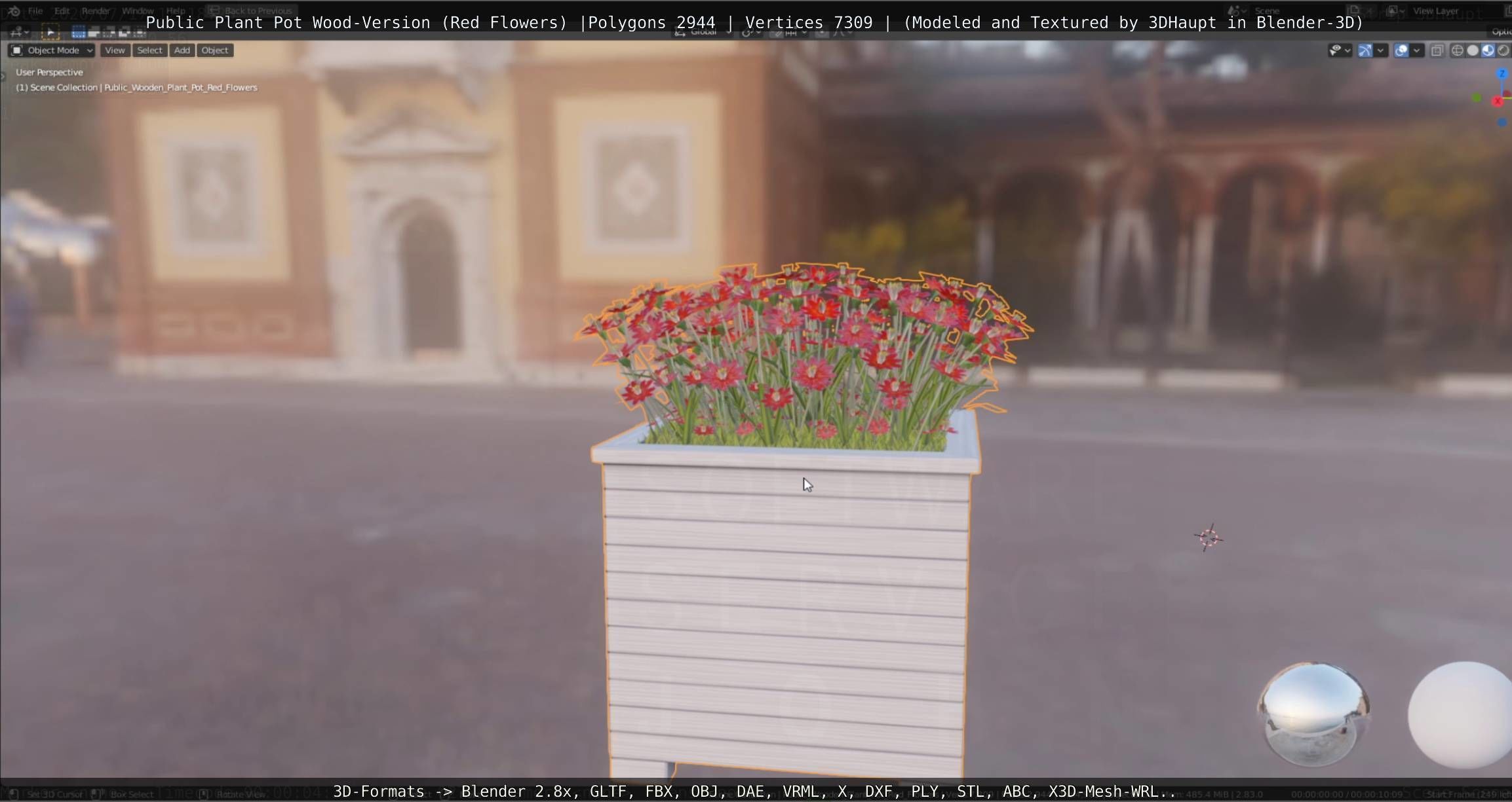 Public Plant Pot Wood-Version with Red Flowers Low-poly 3D model_21
