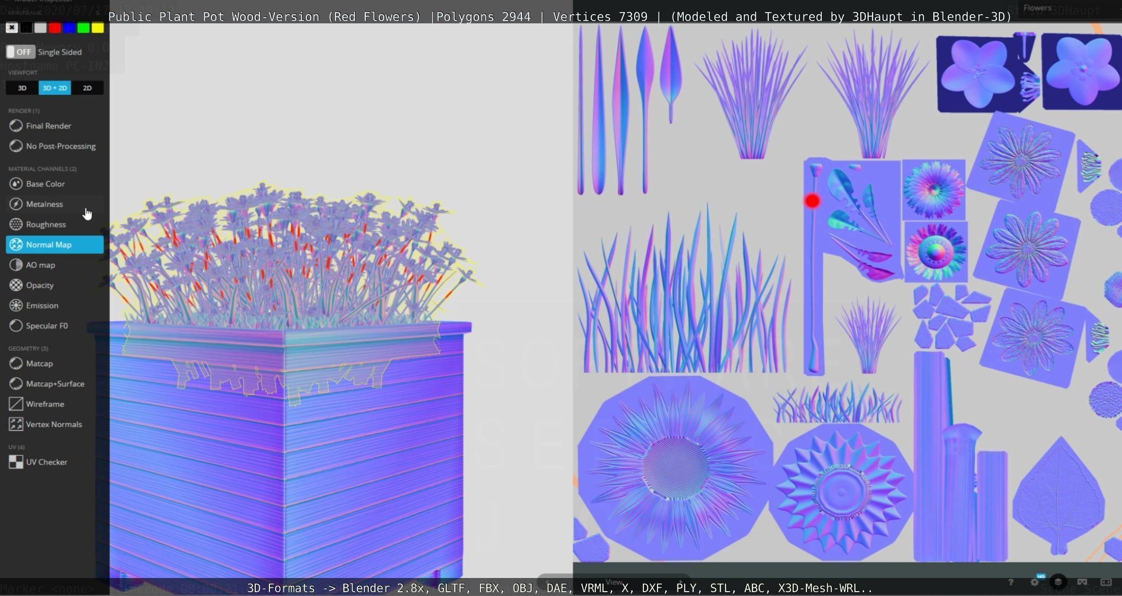 Public Plant Pot Wood-Version with Red Flowers Low-poly 3D model_100