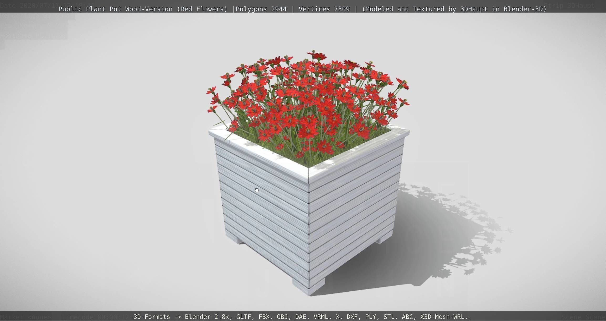 Public Plant Pot Wood-Version with Red Flowers Low-poly 3D model_59