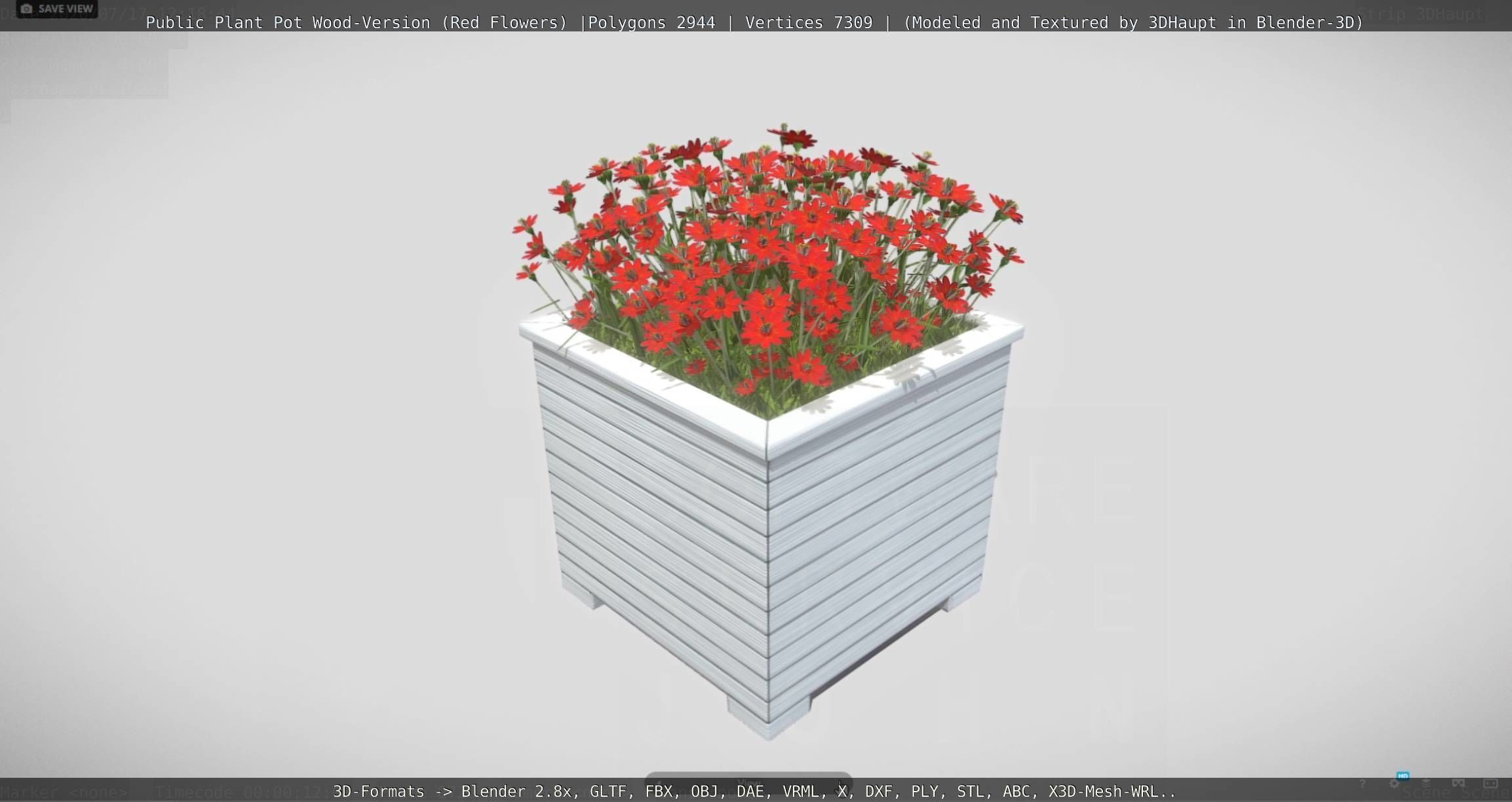 Public Plant Pot Wood-Version with Red Flowers Low-poly 3D model_56