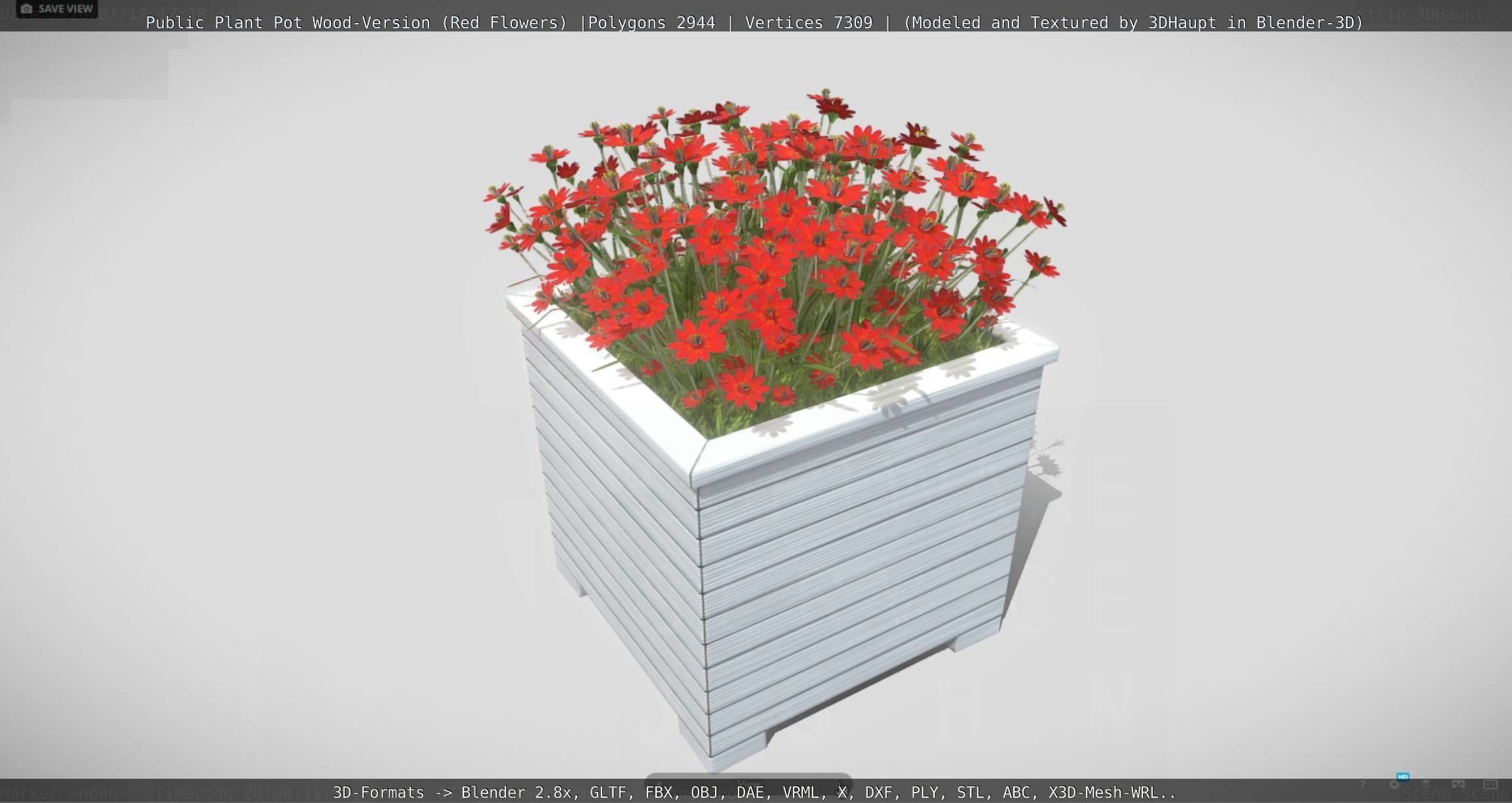 Public Plant Pot Wood-Version with Red Flowers Low-poly 3D model_55