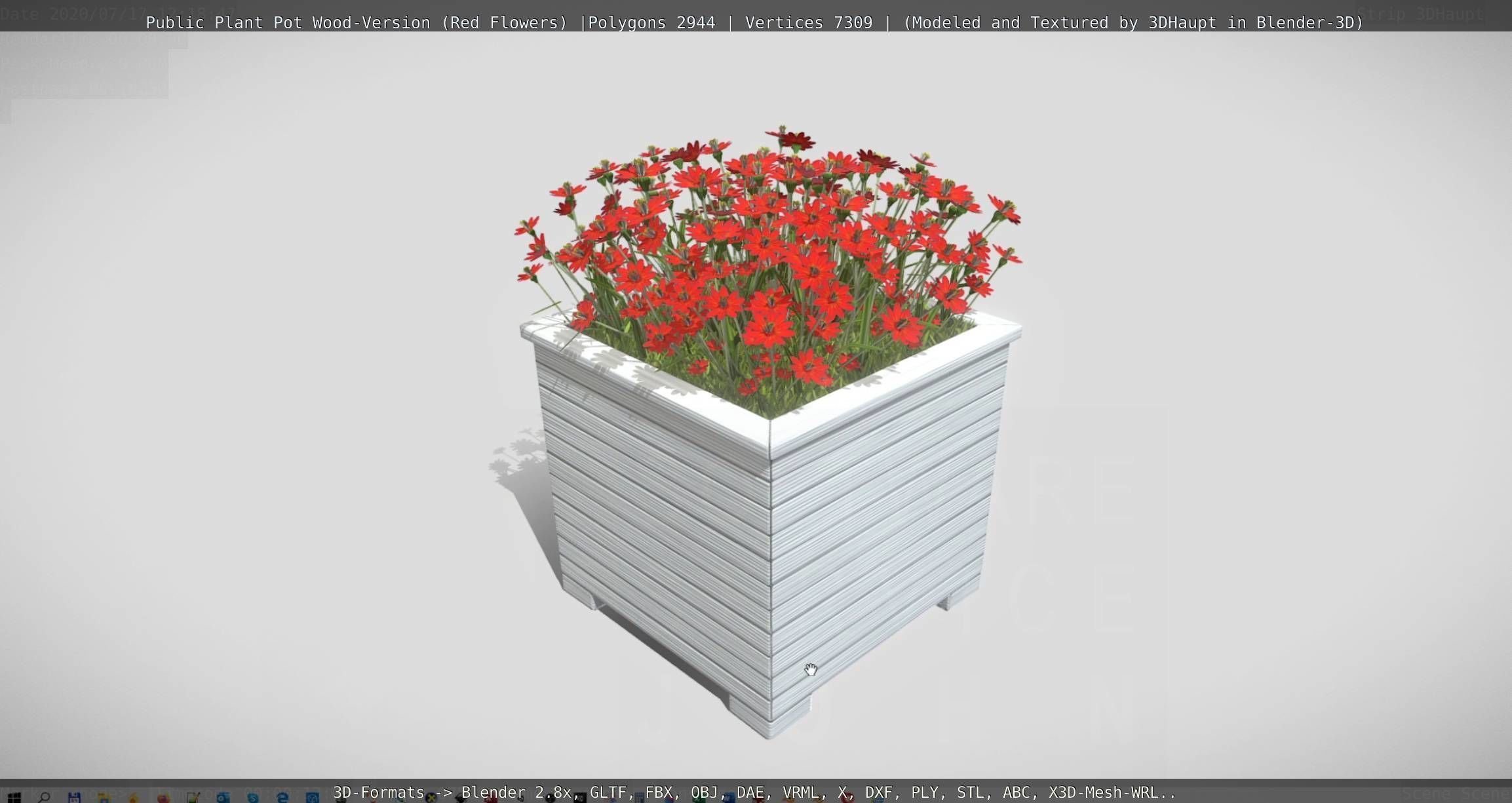 Public Plant Pot Wood-Version with Red Flowers Low-poly 3D model_60