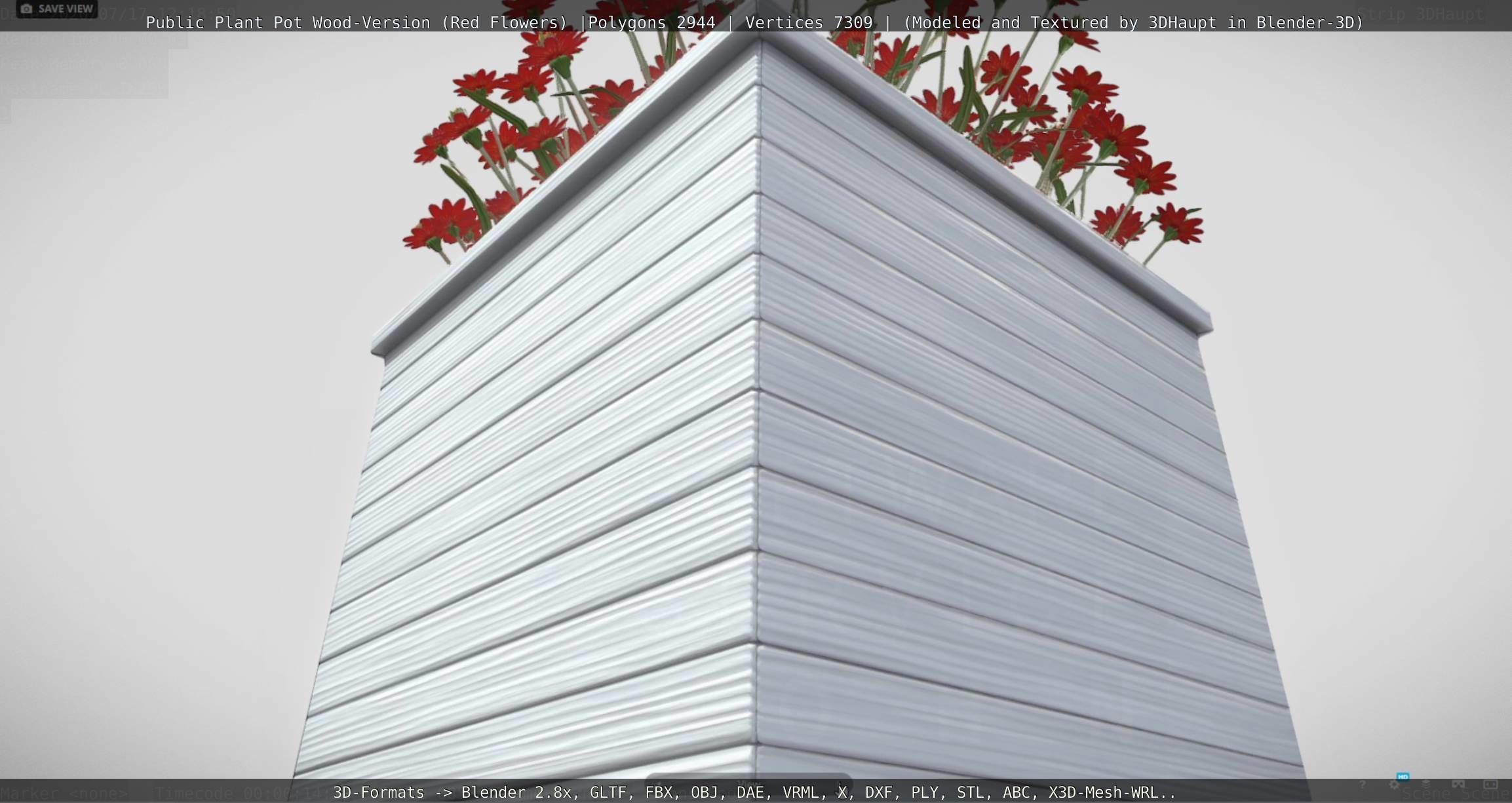 Public Plant Pot Wood-Version with Red Flowers Low-poly 3D model_66