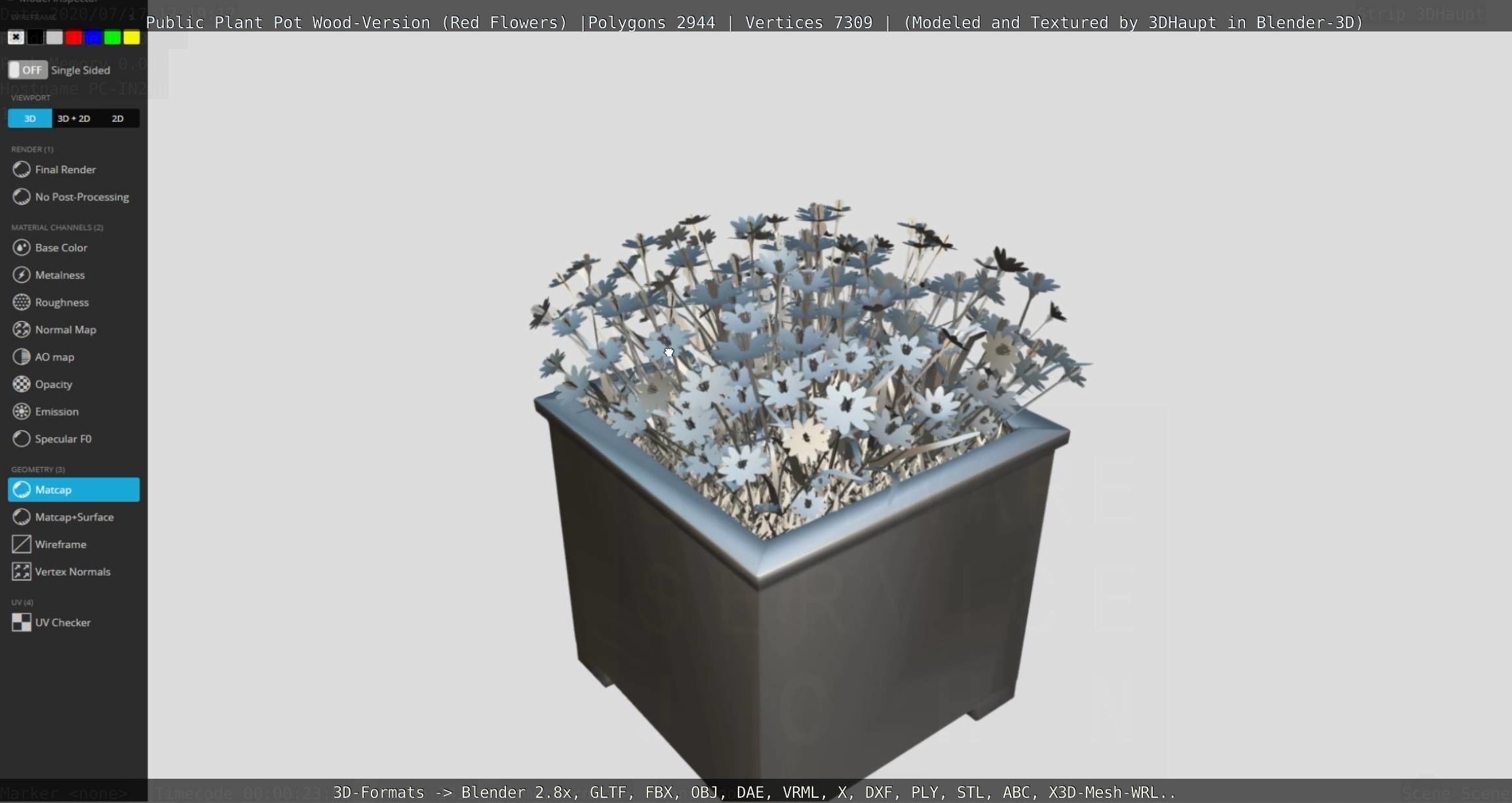 Public Plant Pot Wood-Version with Red Flowers Low-poly 3D model_110