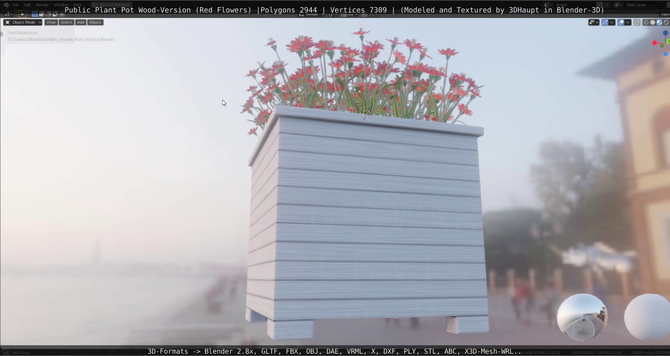 Public Plant Pot Wood-Version with Red Flowers Low-poly 3D model_11