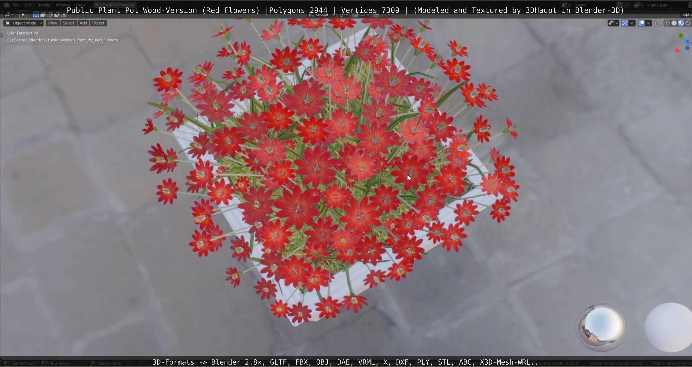 Public Plant Pot Wood-Version with Red Flowers Low-poly 3D model_4