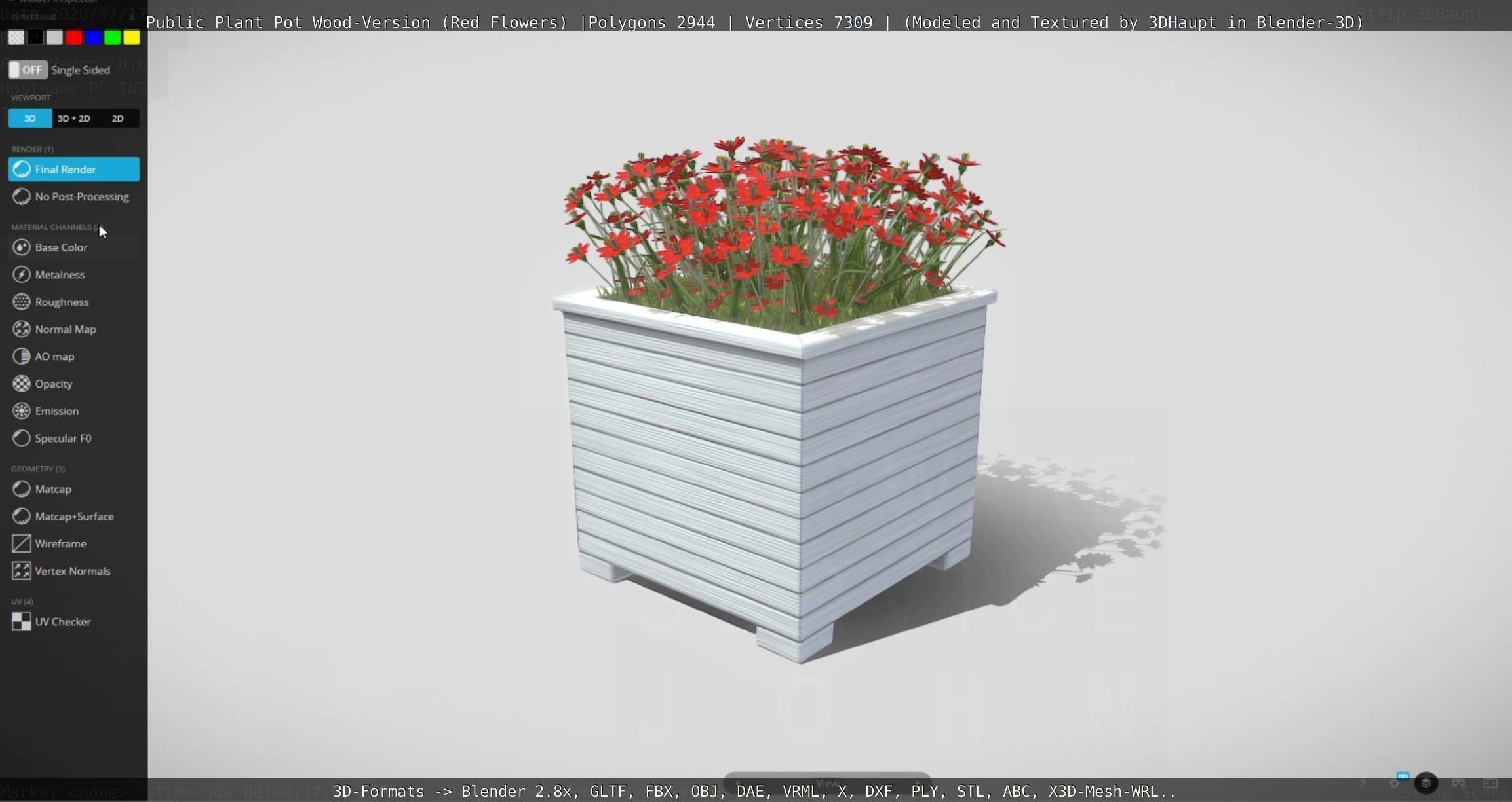 Public Plant Pot Wood-Version with Red Flowers Low-poly 3D model_80