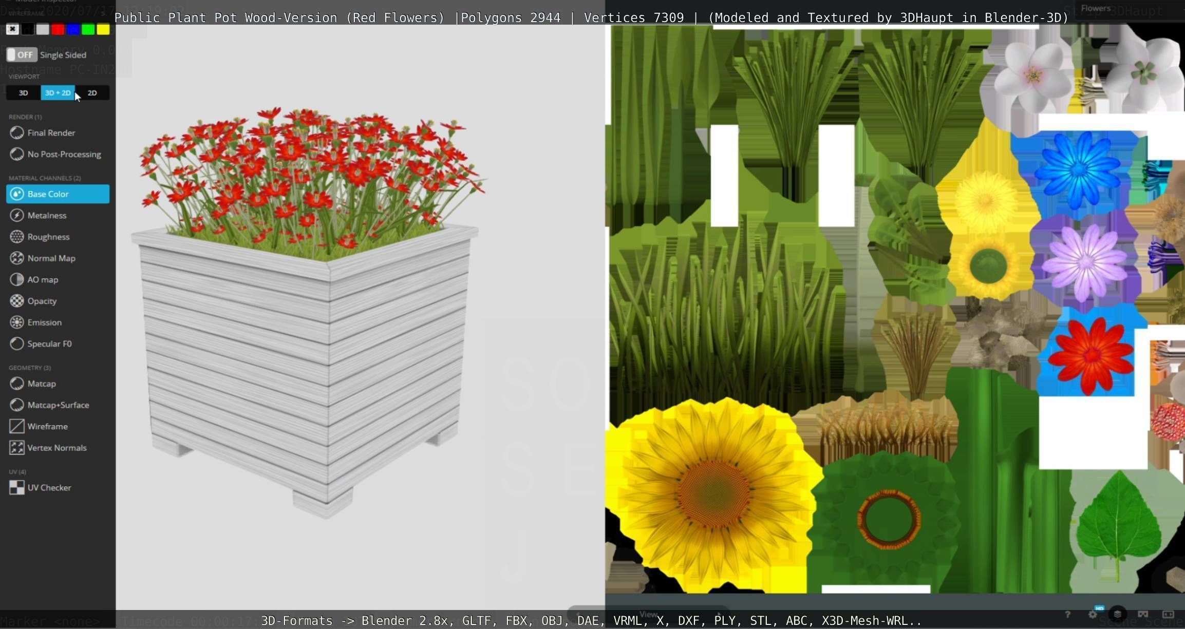 Public Plant Pot Wood-Version with Red Flowers Low-poly 3D model_83