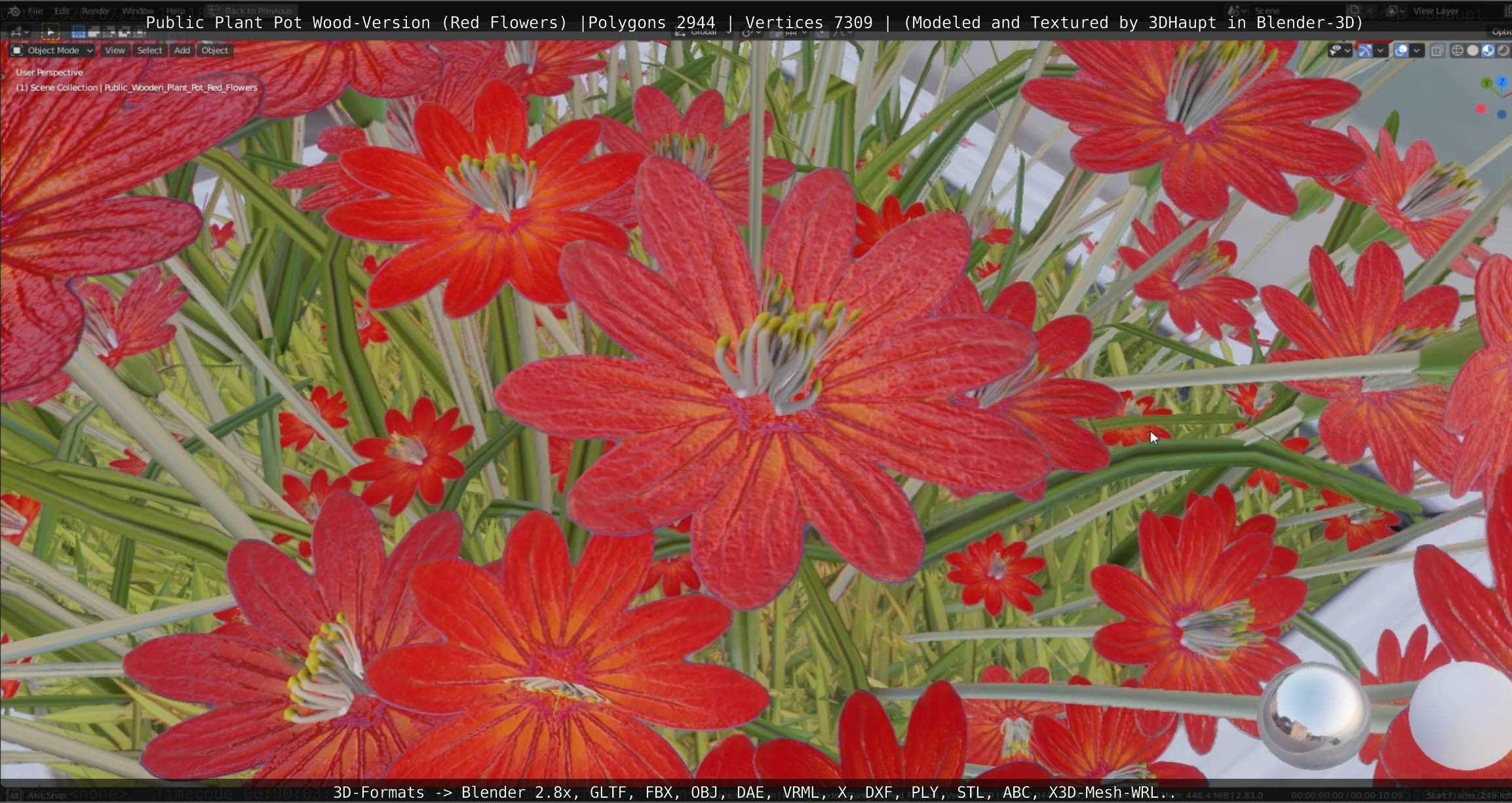 Public Plant Pot Wood-Version with Red Flowers Low-poly 3D model_18