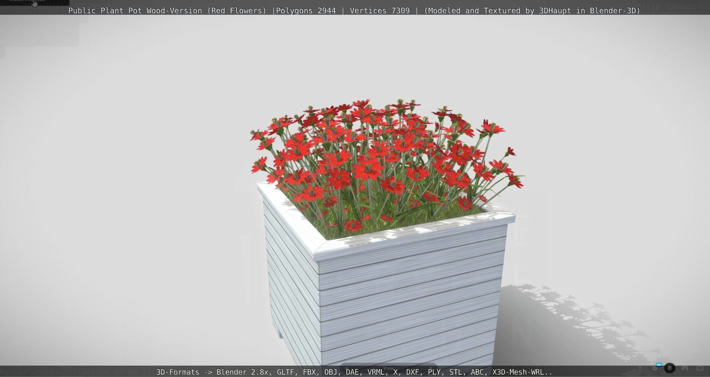 Public Plant Pot Wood-Version with Red Flowers Low-poly 3D model_127