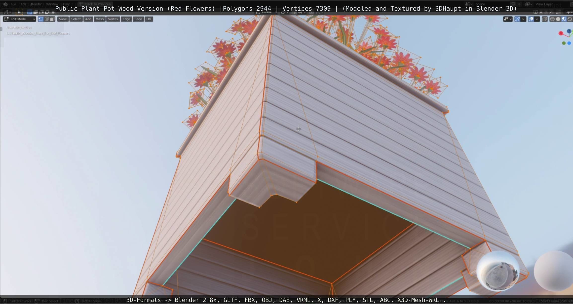 Public Plant Pot Wood-Version with Red Flowers Low-poly 3D model_26