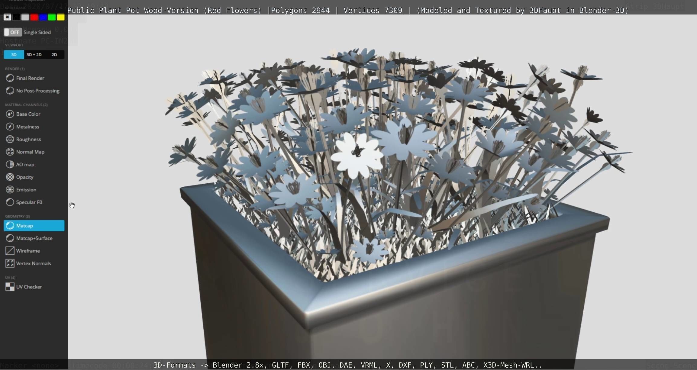 Public Plant Pot Wood-Version with Red Flowers Low-poly 3D model_113