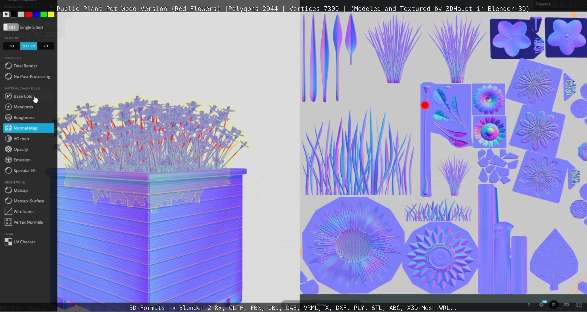 Public Plant Pot Wood-Version with Red Flowers Low-poly 3D model_101