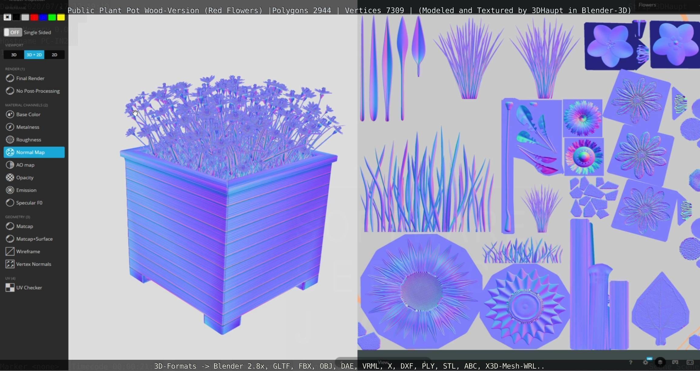 Public Plant Pot Wood-Version with Red Flowers Low-poly 3D model_97