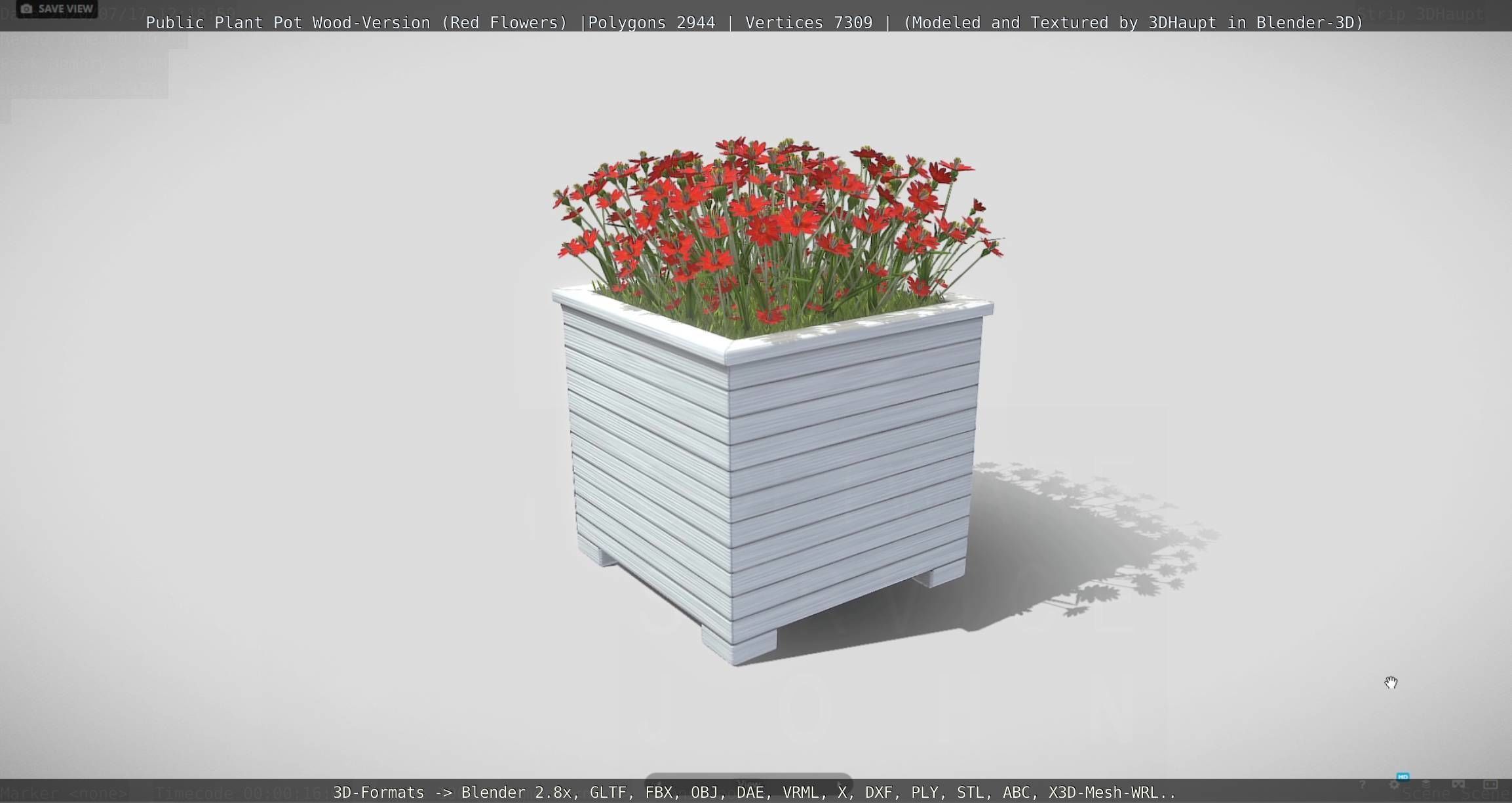 Public Plant Pot Wood-Version with Red Flowers Low-poly 3D model_77