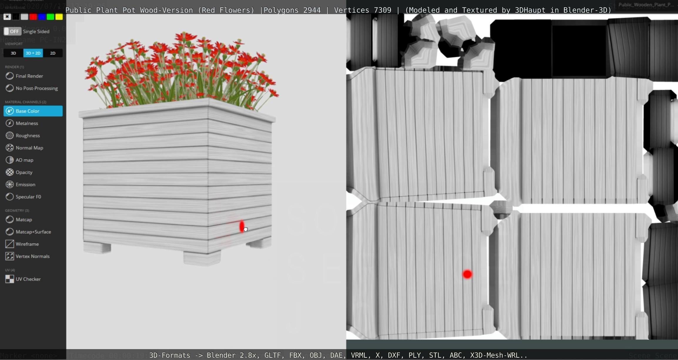 Public Plant Pot Wood-Version with Red Flowers Low-poly 3D model_88