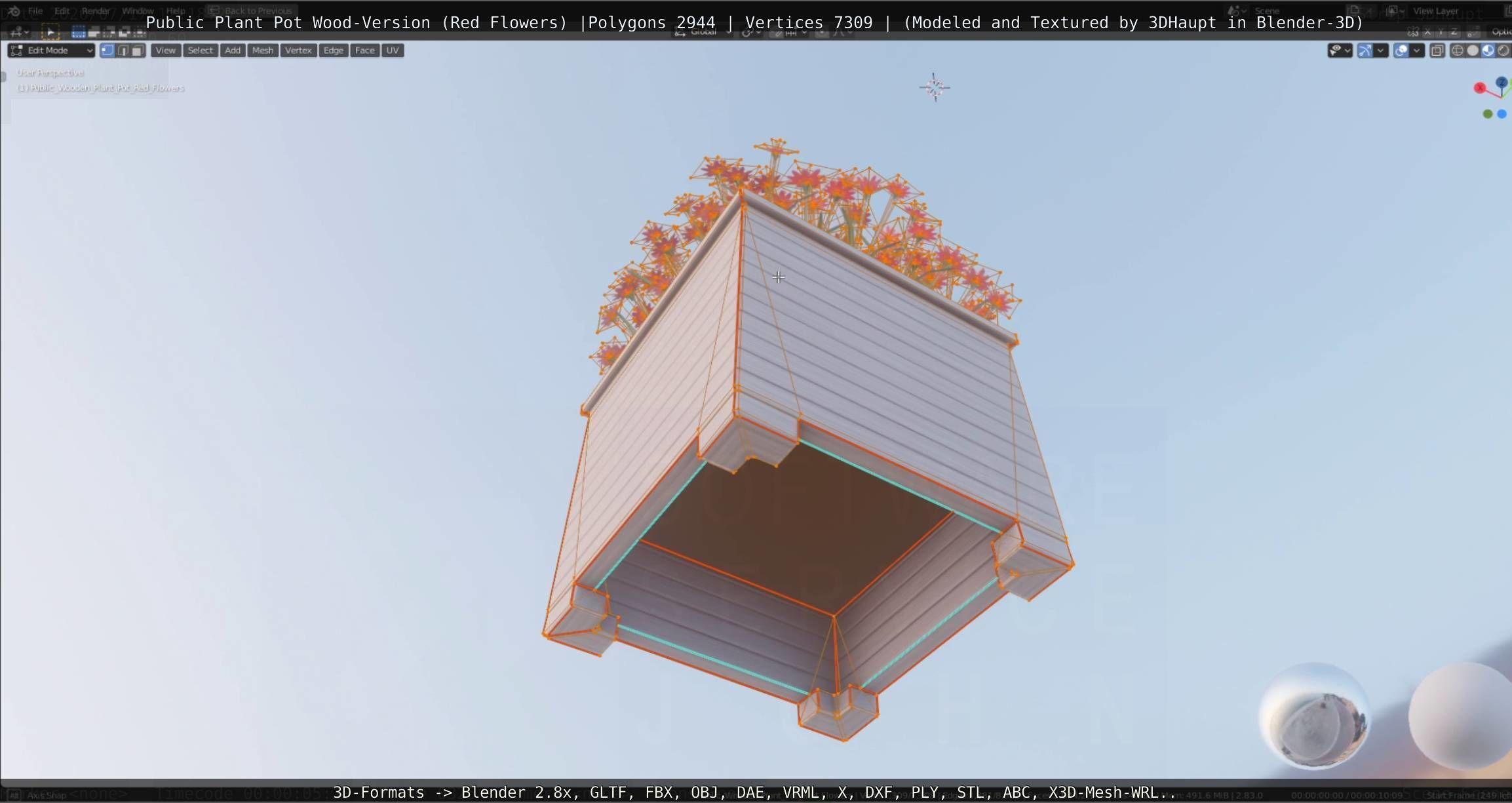 Public Plant Pot Wood-Version with Red Flowers Low-poly 3D model_25