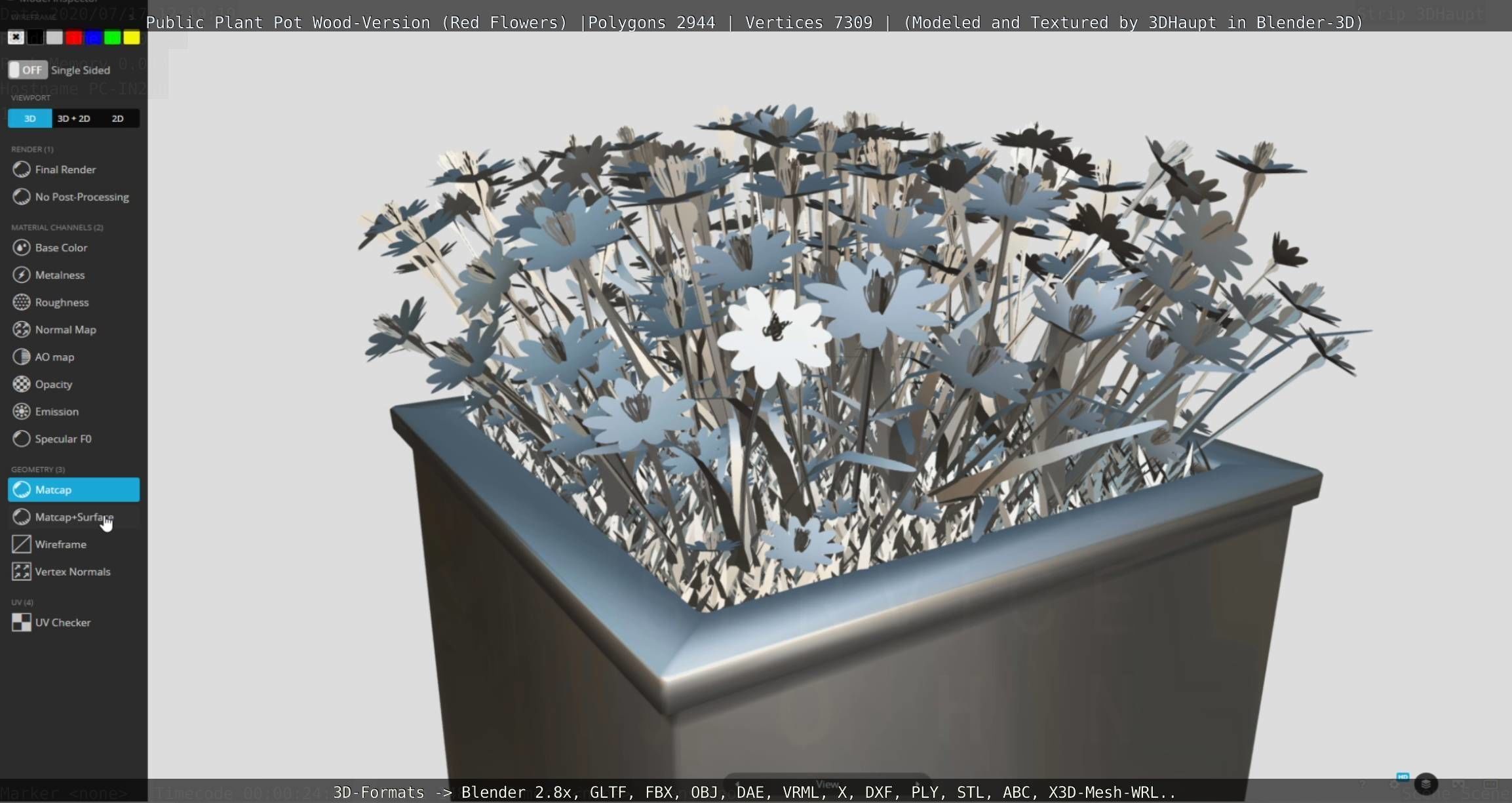 Public Plant Pot Wood-Version with Red Flowers Low-poly 3D model_114