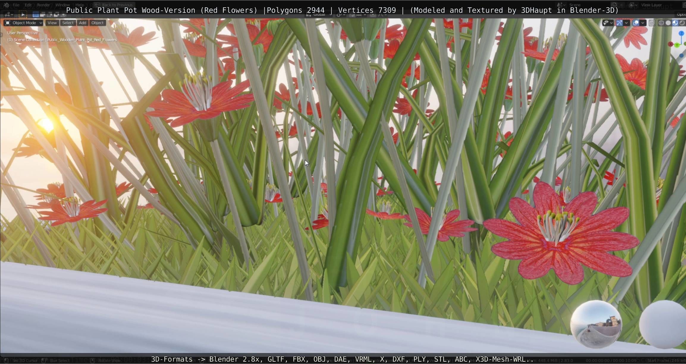Public Plant Pot Wood-Version with Red Flowers Low-poly 3D model_14