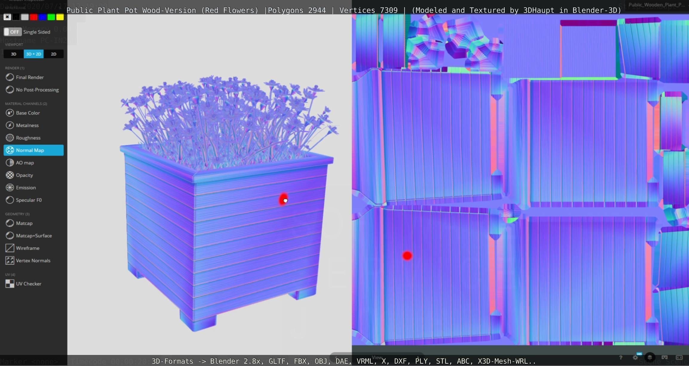 Public Plant Pot Wood-Version with Red Flowers Low-poly 3D model_95