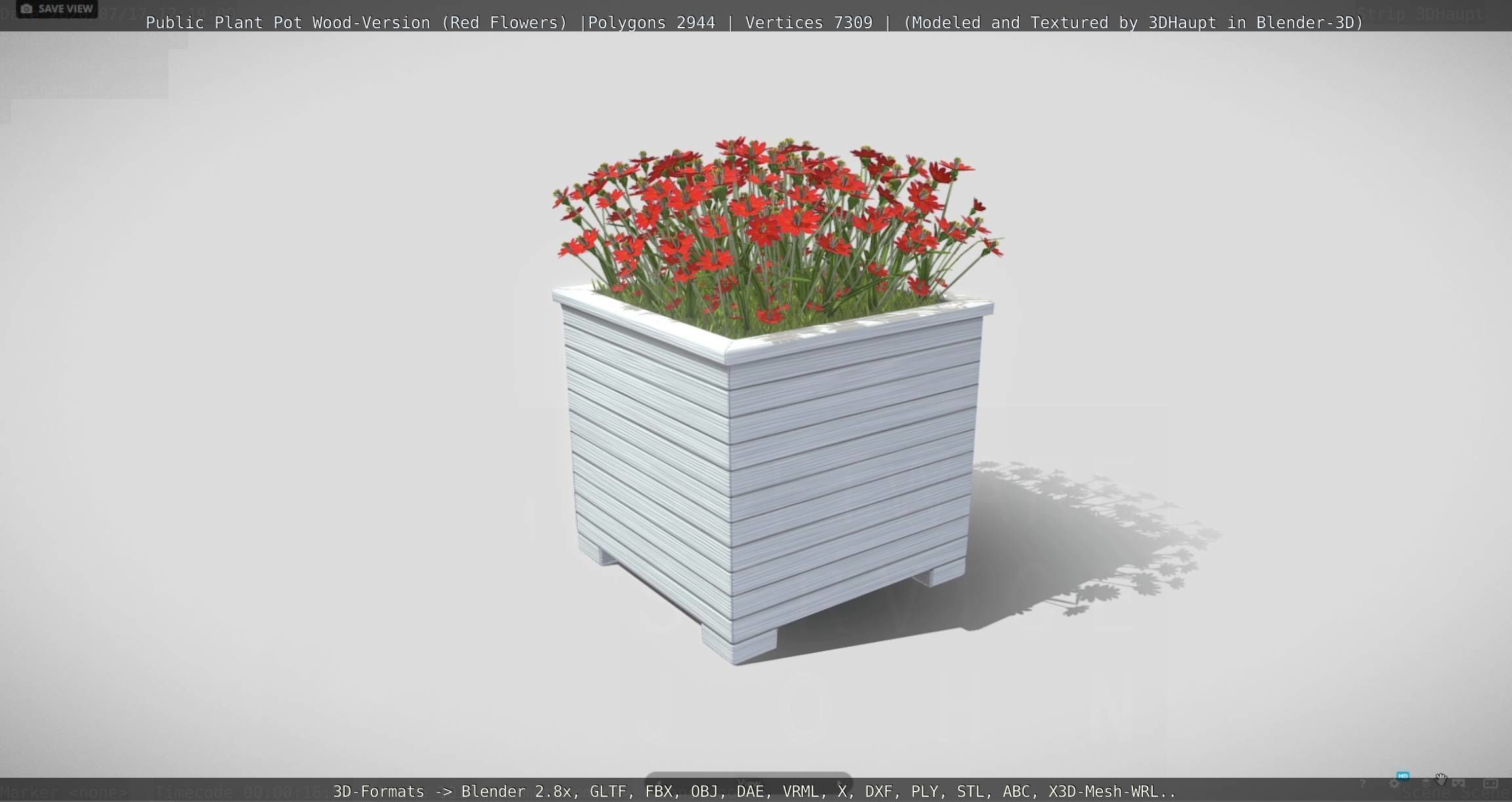 Public Plant Pot Wood-Version with Red Flowers Low-poly 3D model_78