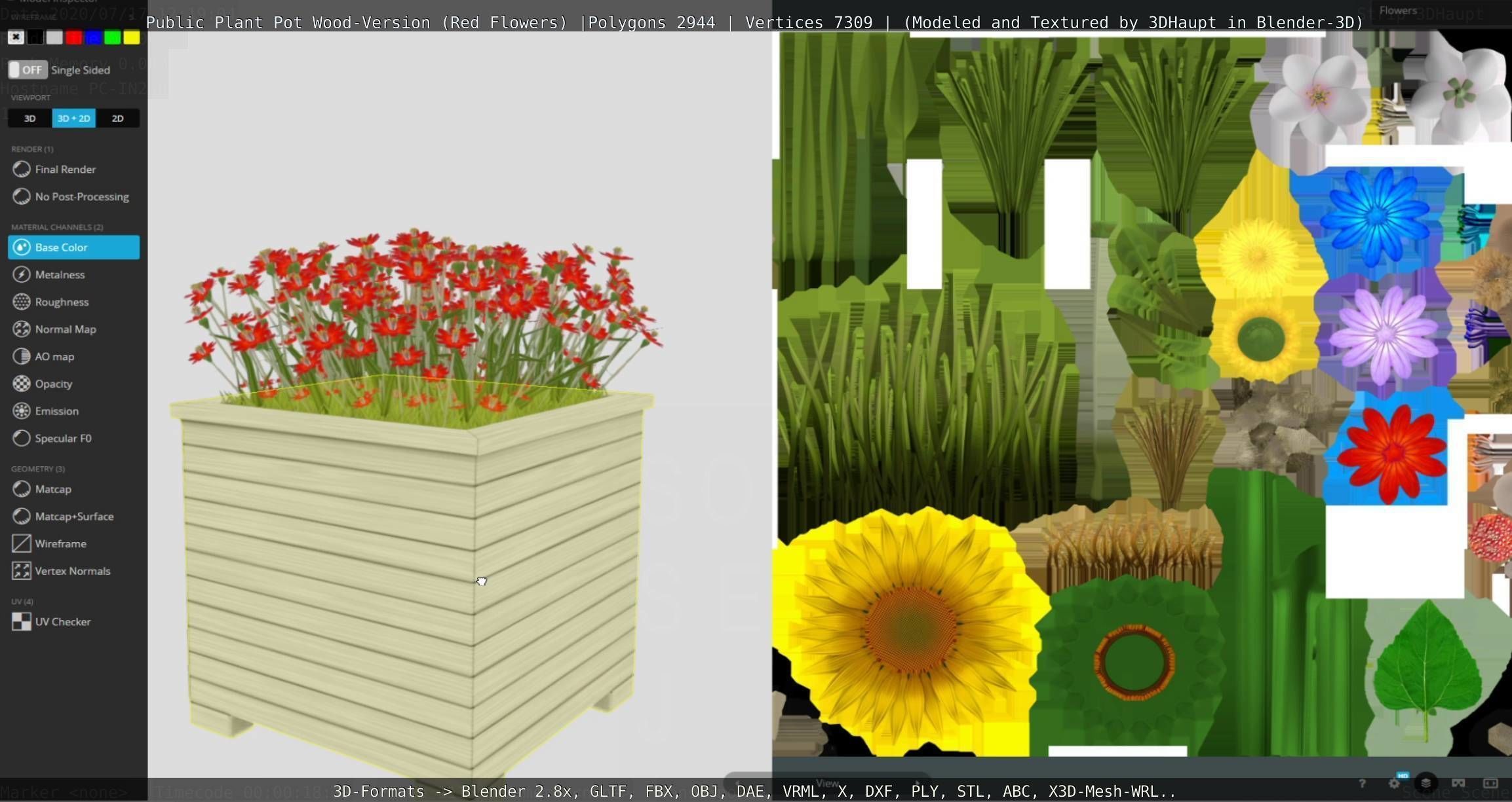 Public Plant Pot Wood-Version with Red Flowers Low-poly 3D model_86
