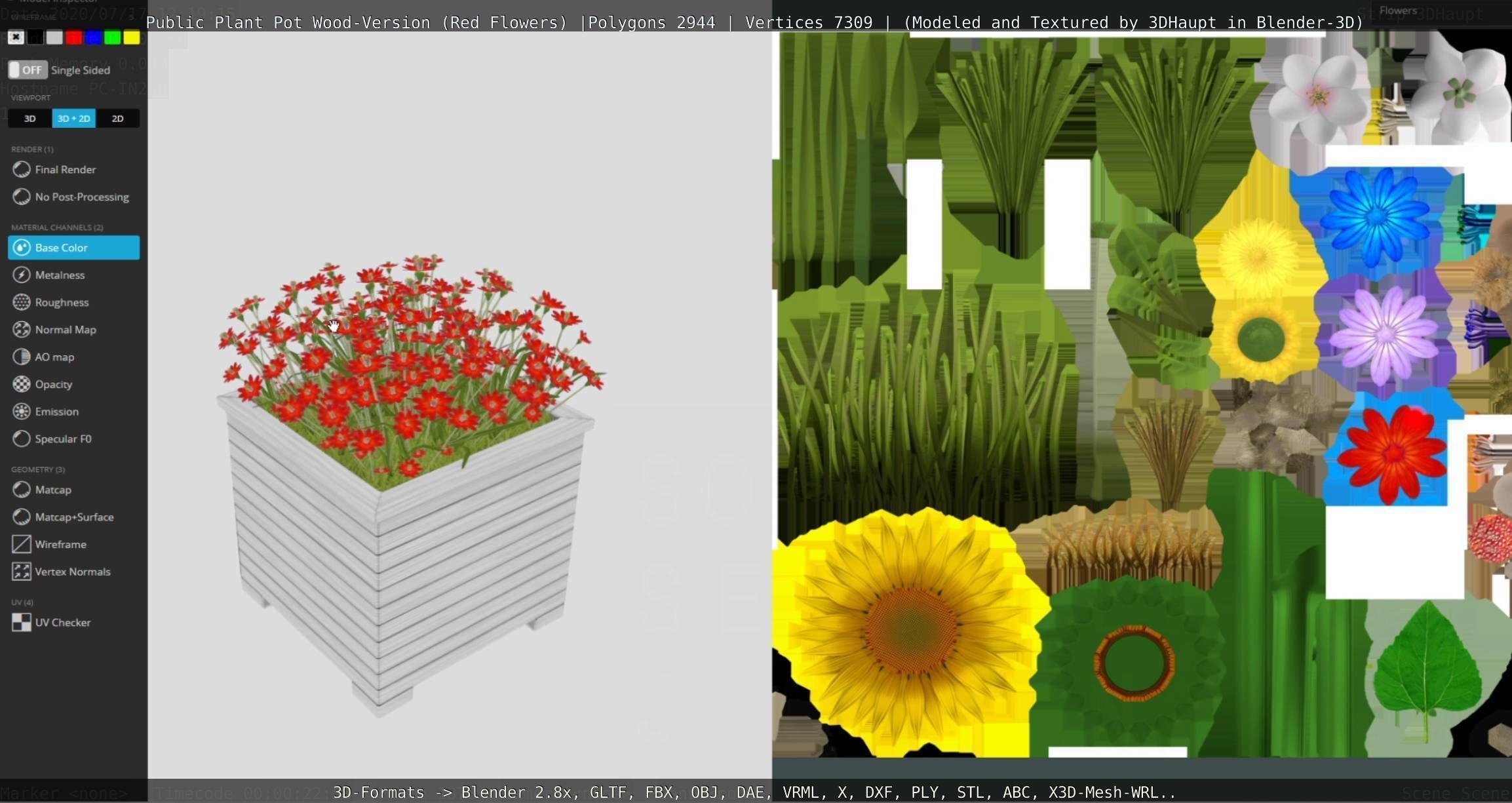 Public Plant Pot Wood-Version with Red Flowers Low-poly 3D model_106