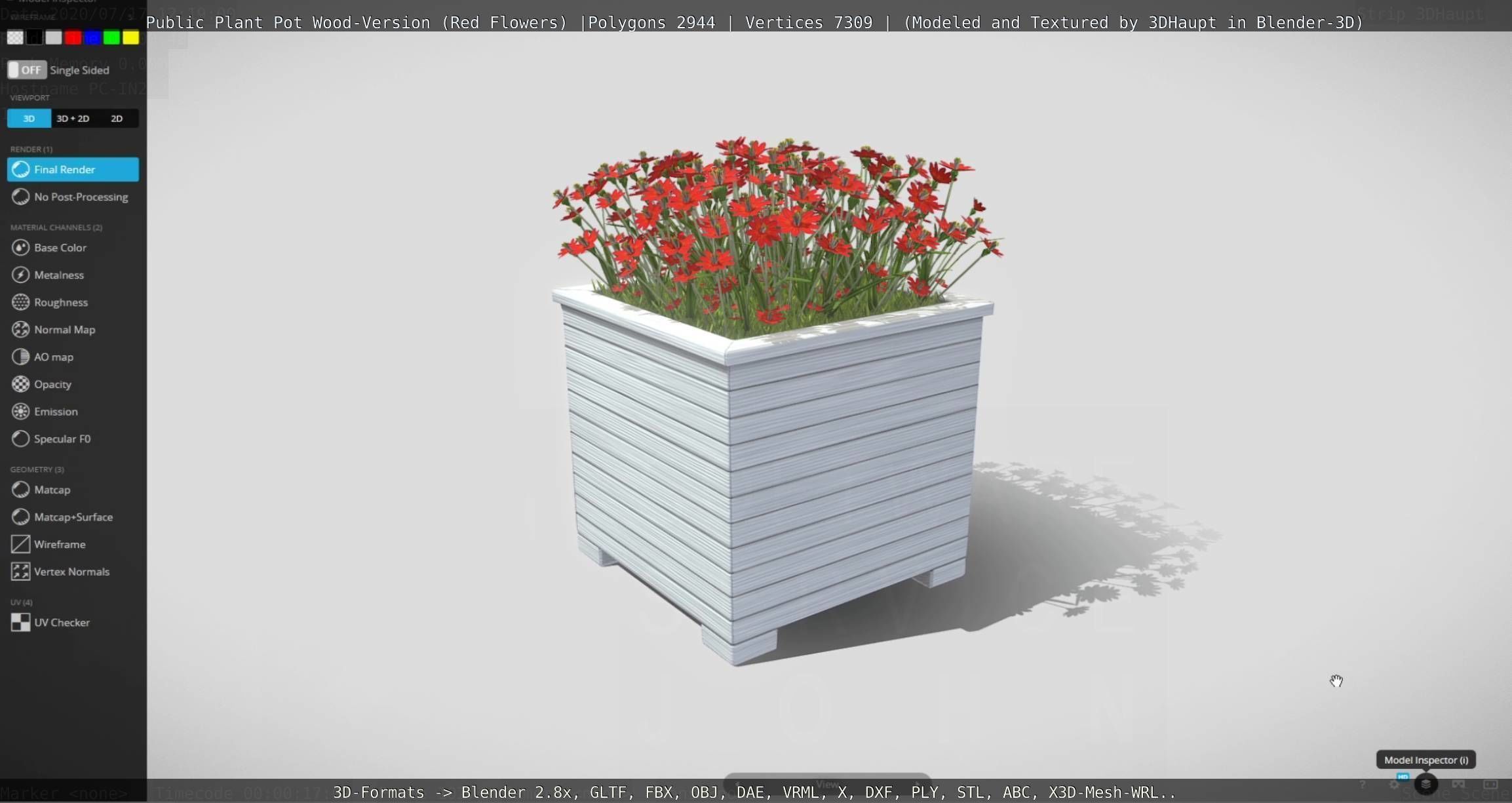 Public Plant Pot Wood-Version with Red Flowers Low-poly 3D model_79