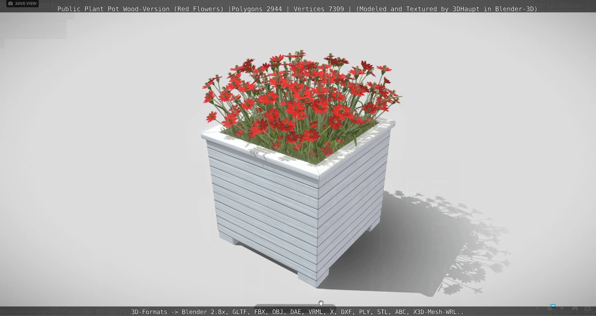 Public Plant Pot Wood-Version with Red Flowers Low-poly 3D model_53
