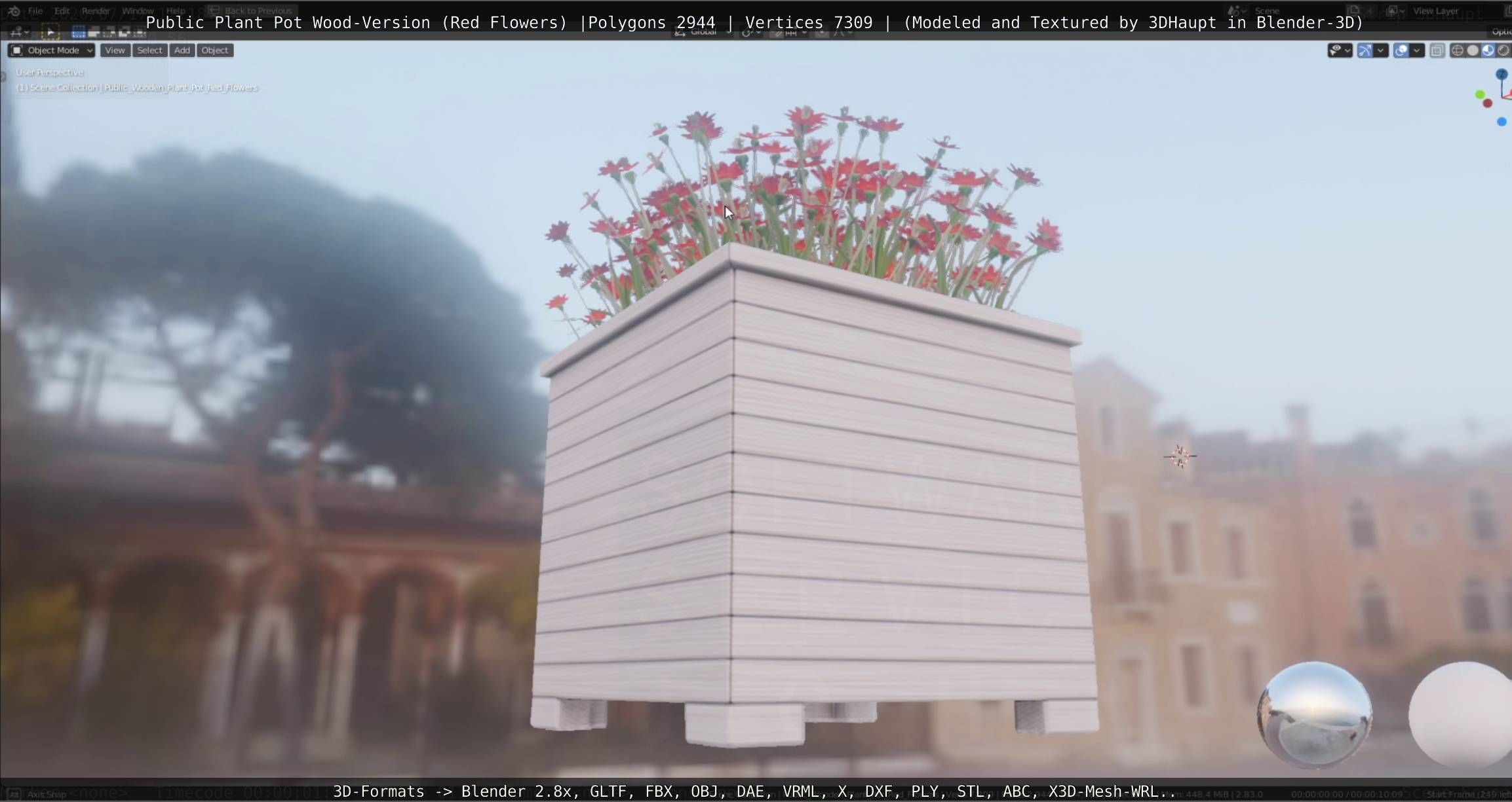 Public Plant Pot Wood-Version with Red Flowers Low-poly 3D model_9