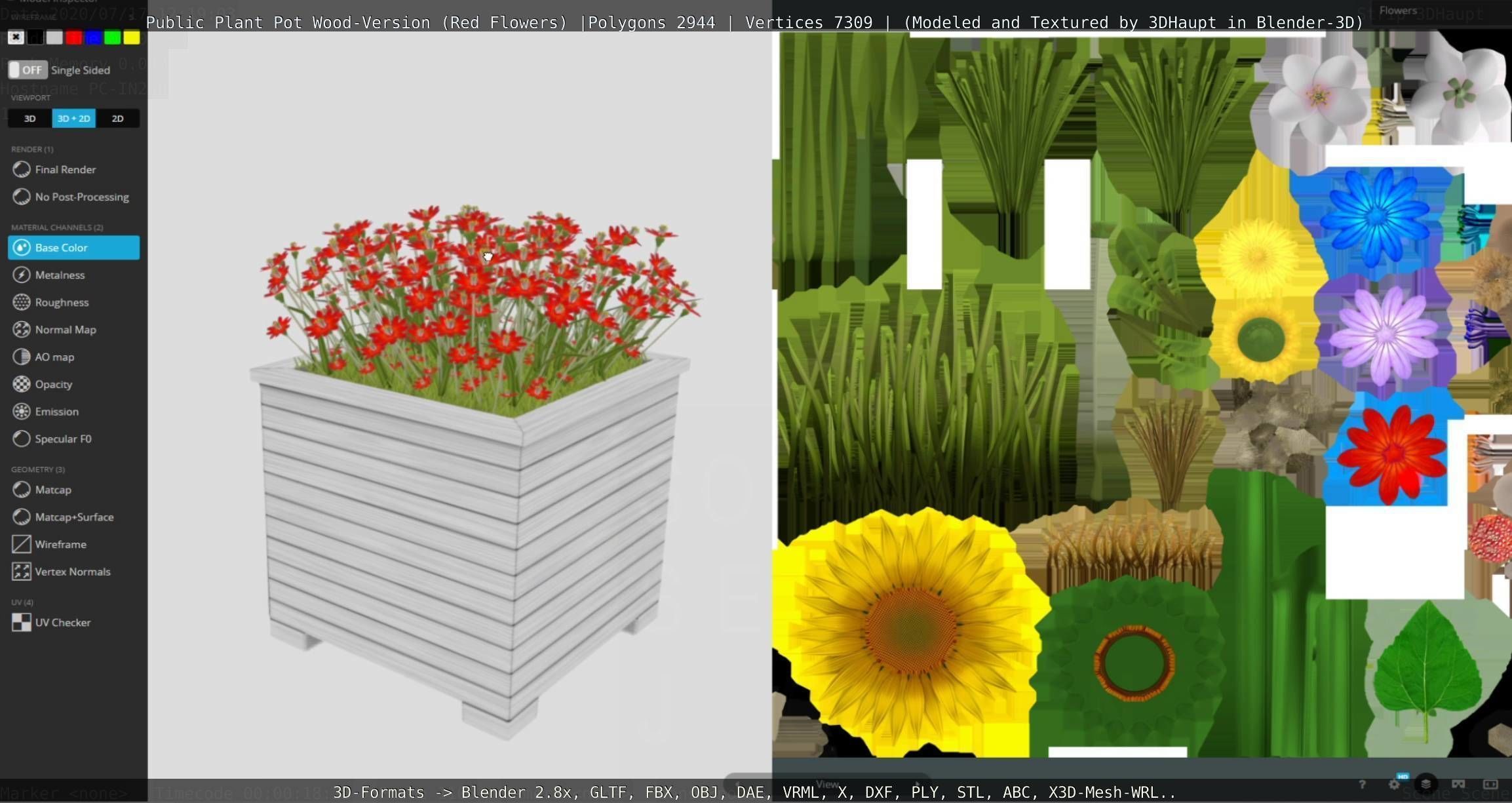 Public Plant Pot Wood-Version with Red Flowers Low-poly 3D model_85