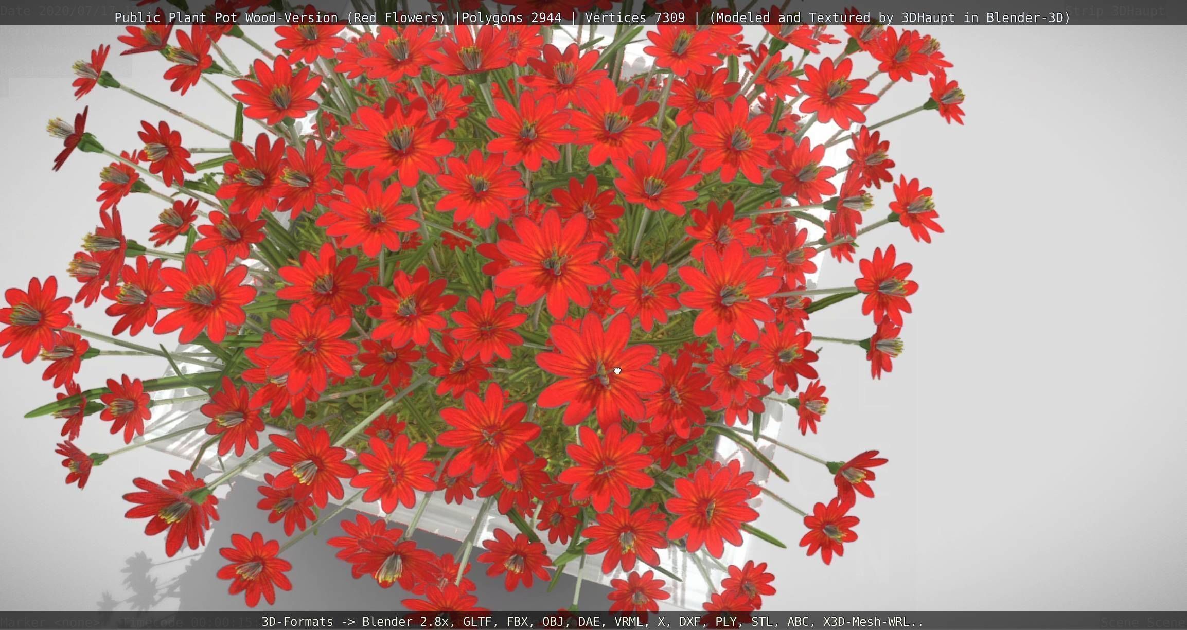Public Plant Pot Wood-Version with Red Flowers Low-poly 3D model_70