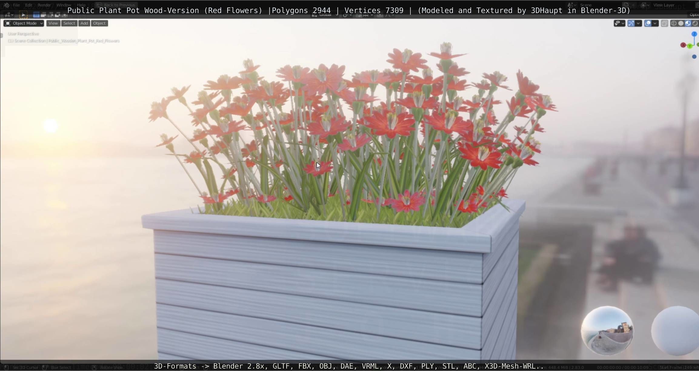 Public Plant Pot Wood-Version with Red Flowers Low-poly 3D model_13