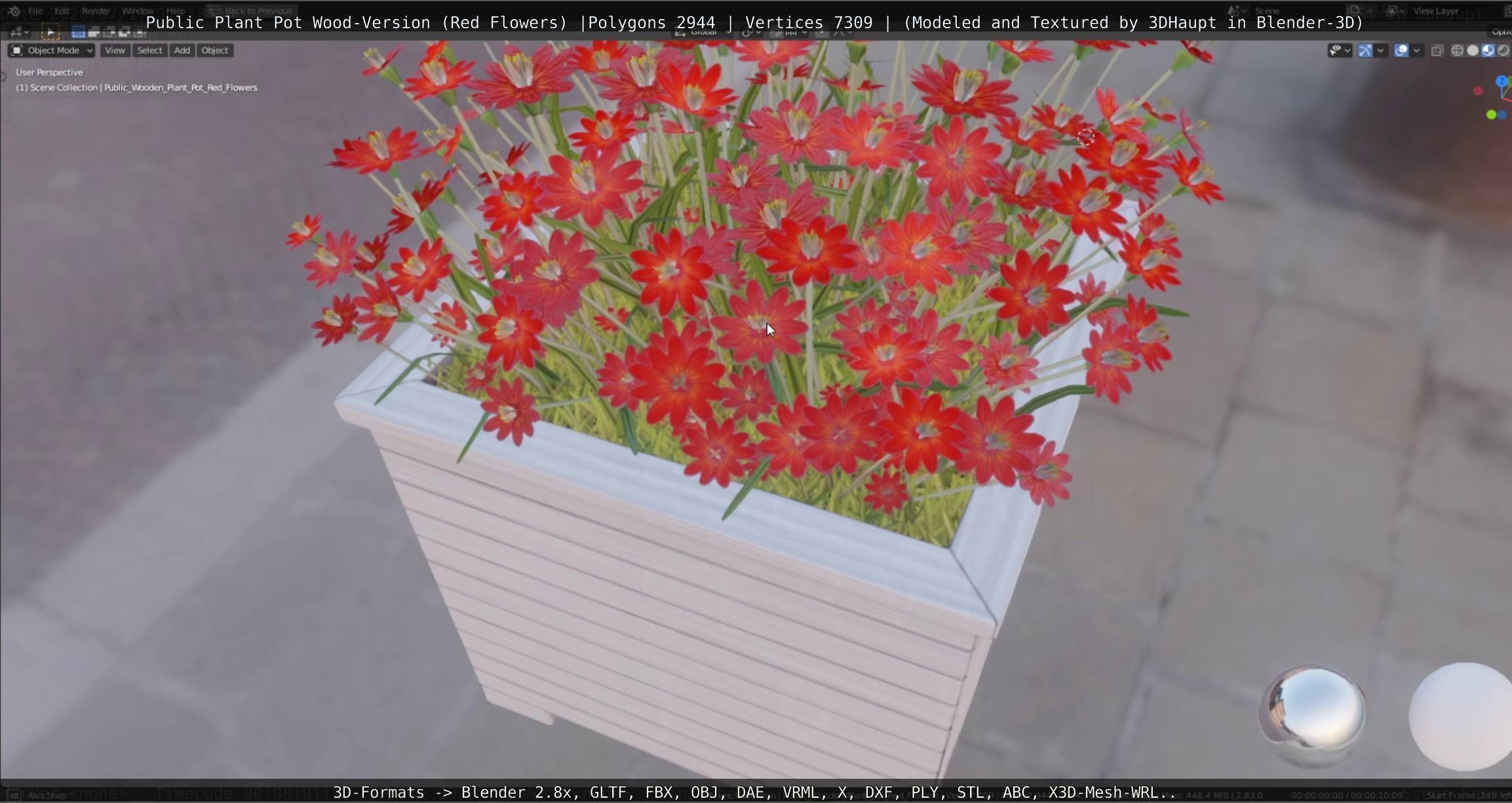 Public Plant Pot Wood-Version with Red Flowers Low-poly 3D model_6